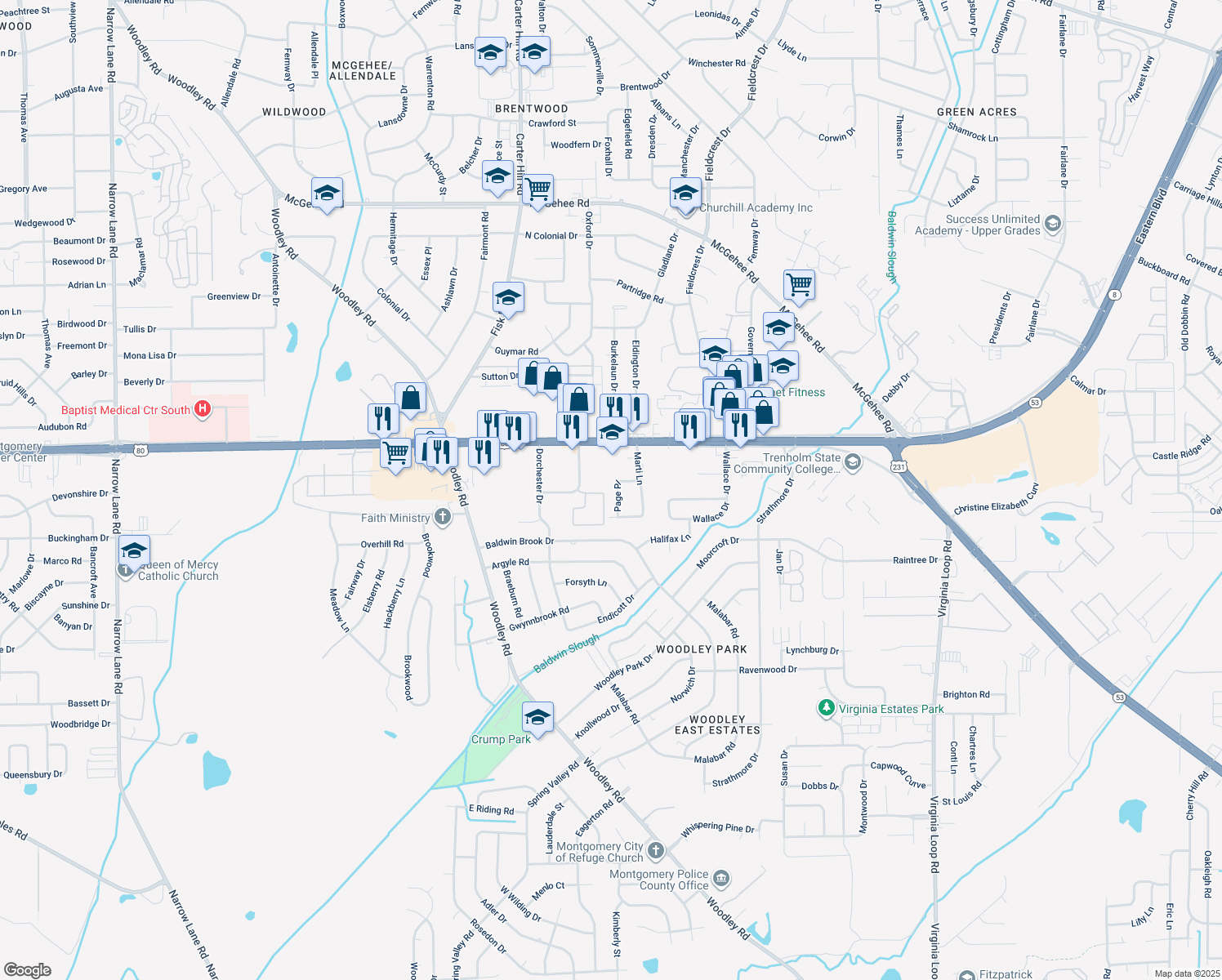 map of restaurants, bars, coffee shops, grocery stores, and more near 2823 Page Pl in Montgomery