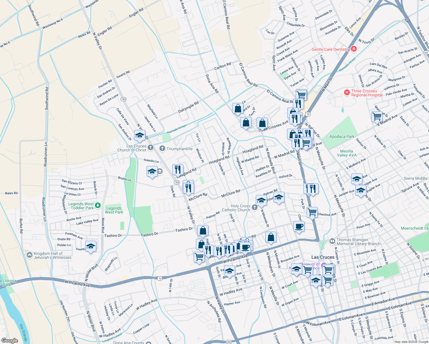 map of restaurants, bars, coffee shops, grocery stores, and more near 1936 Chateau Drive in Las Cruces