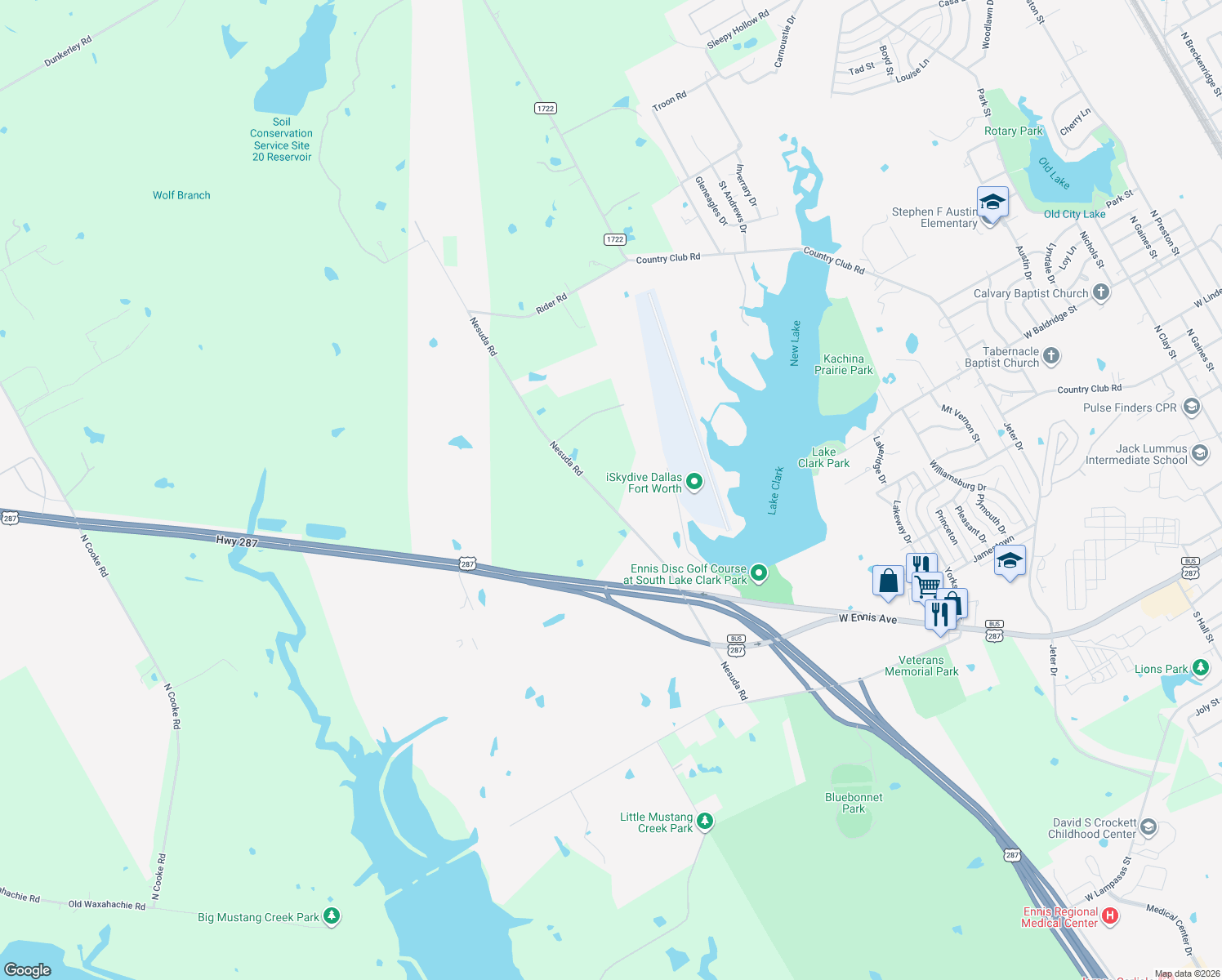 map of restaurants, bars, coffee shops, grocery stores, and more near 1900 Nesuda Road in Ennis