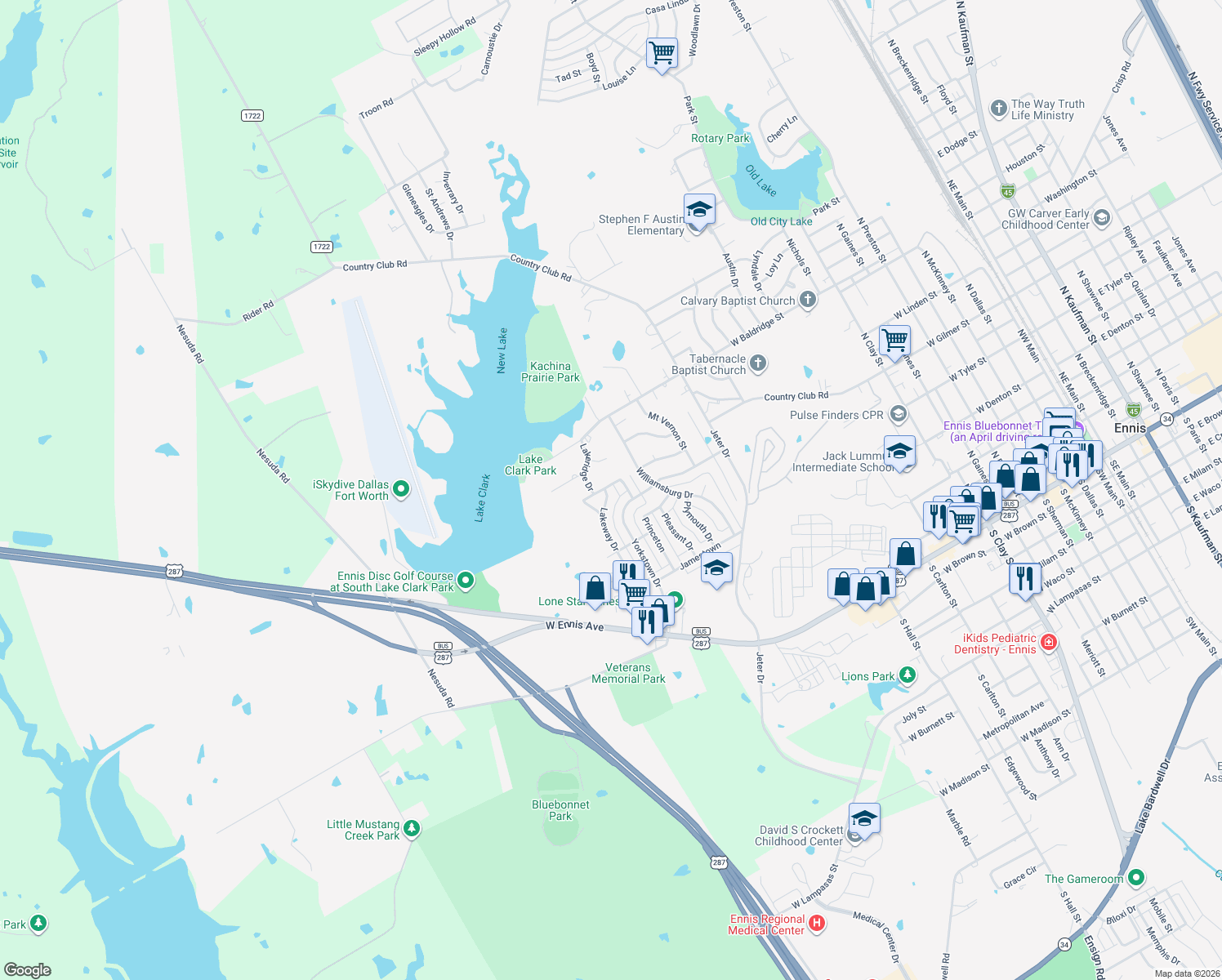 map of restaurants, bars, coffee shops, grocery stores, and more near 1106 Lakeway Dr in Ennis