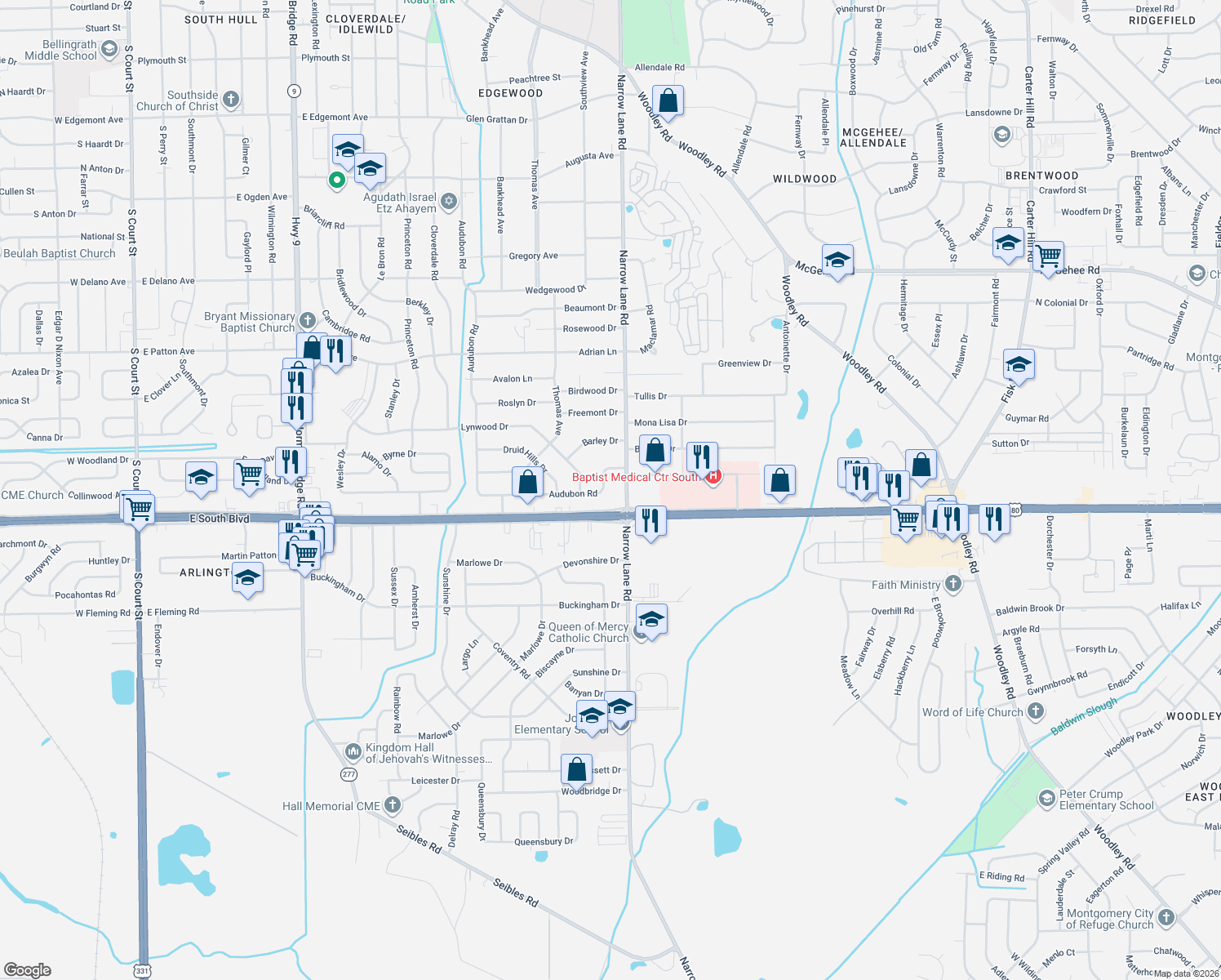 map of restaurants, bars, coffee shops, grocery stores, and more near 1426 Audubon Road in Montgomery