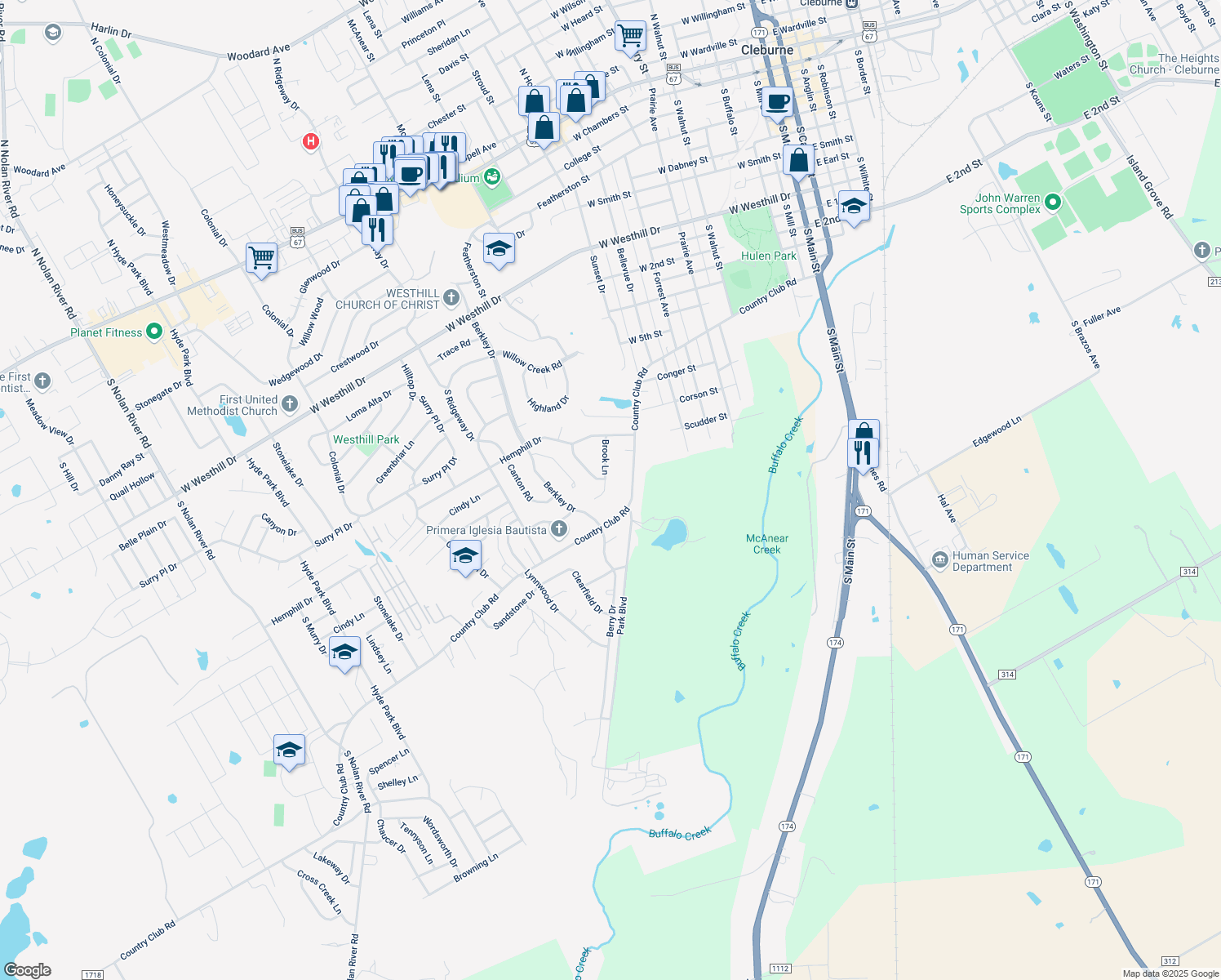 map of restaurants, bars, coffee shops, grocery stores, and more near 1203 Brook Ln in Cleburne