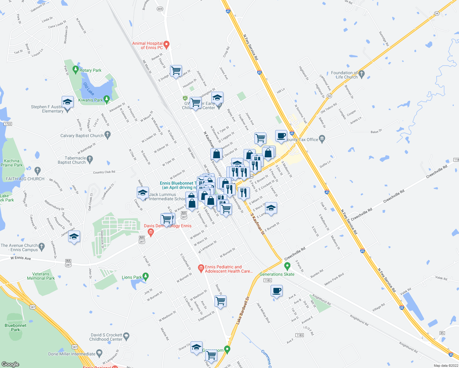 map of restaurants, bars, coffee shops, grocery stores, and more near in Ennis