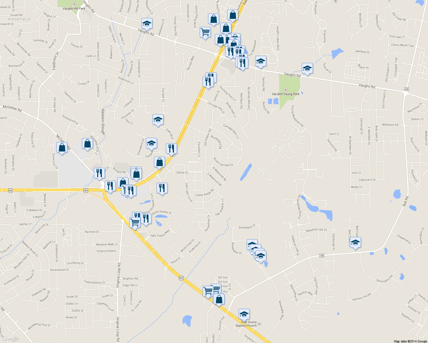 map of restaurants, bars, coffee shops, grocery stores, and more near 3414 North Water Mill Road in Montgomery