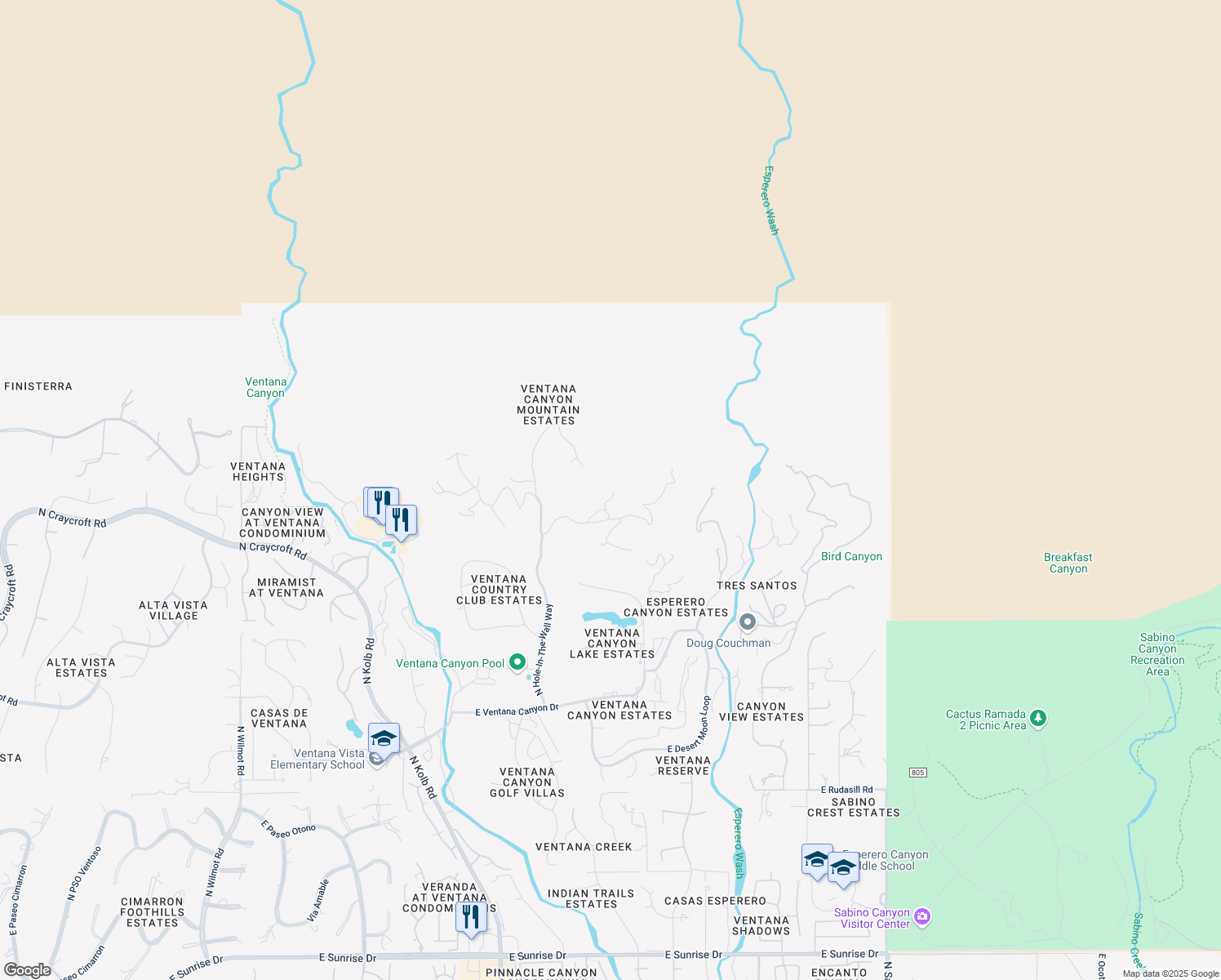 map of restaurants, bars, coffee shops, grocery stores, and more near 7205 East Stone Canyon Drive in Tucson