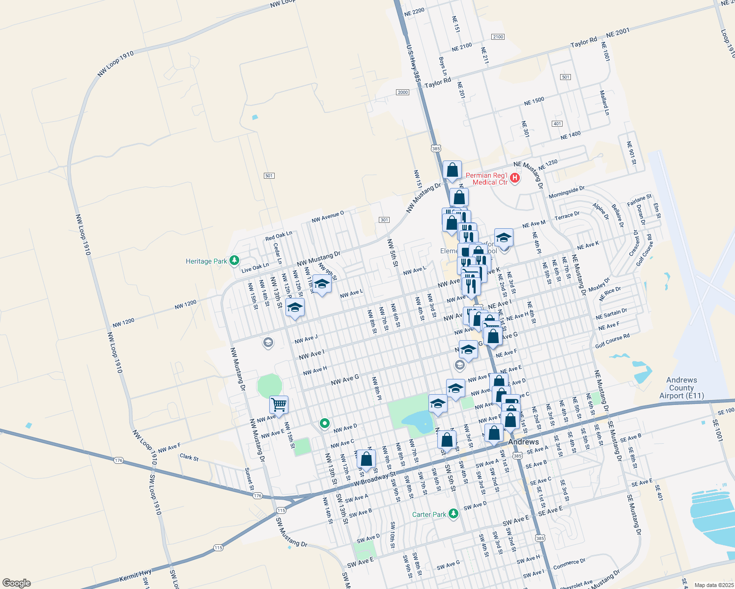 map of restaurants, bars, coffee shops, grocery stores, and more near 1206 NW 8th St in Andrews