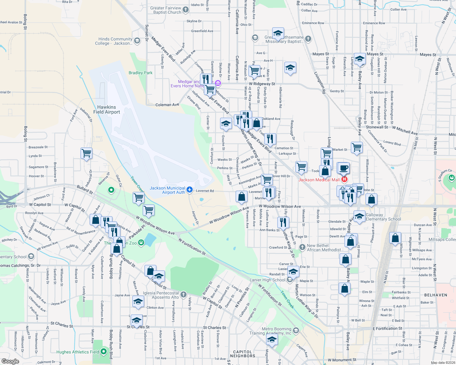 map of restaurants, bars, coffee shops, grocery stores, and more near 2719 Way St in Jackson