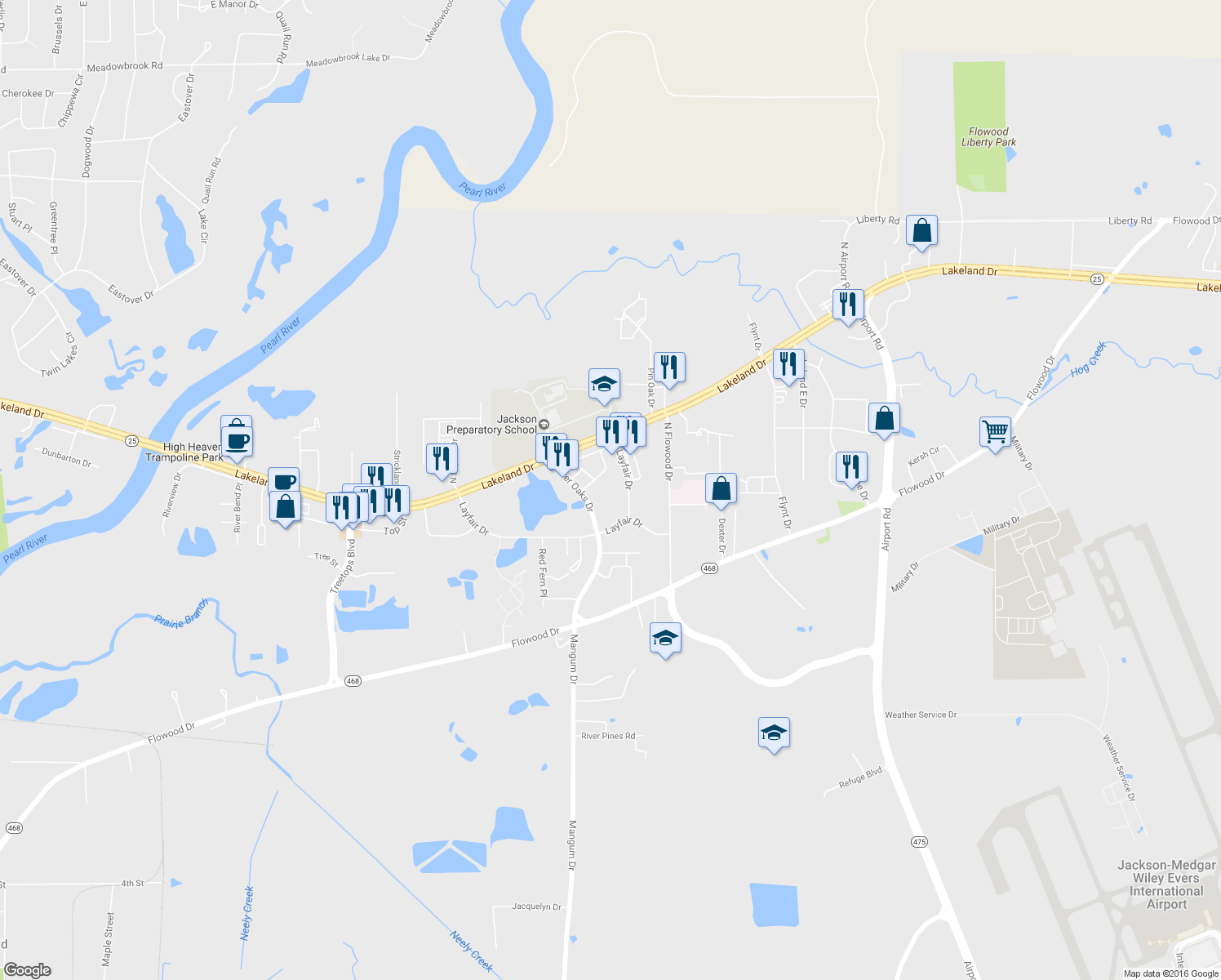 map of restaurants, bars, coffee shops, grocery stores, and more near East Layfair Drive in Flowood