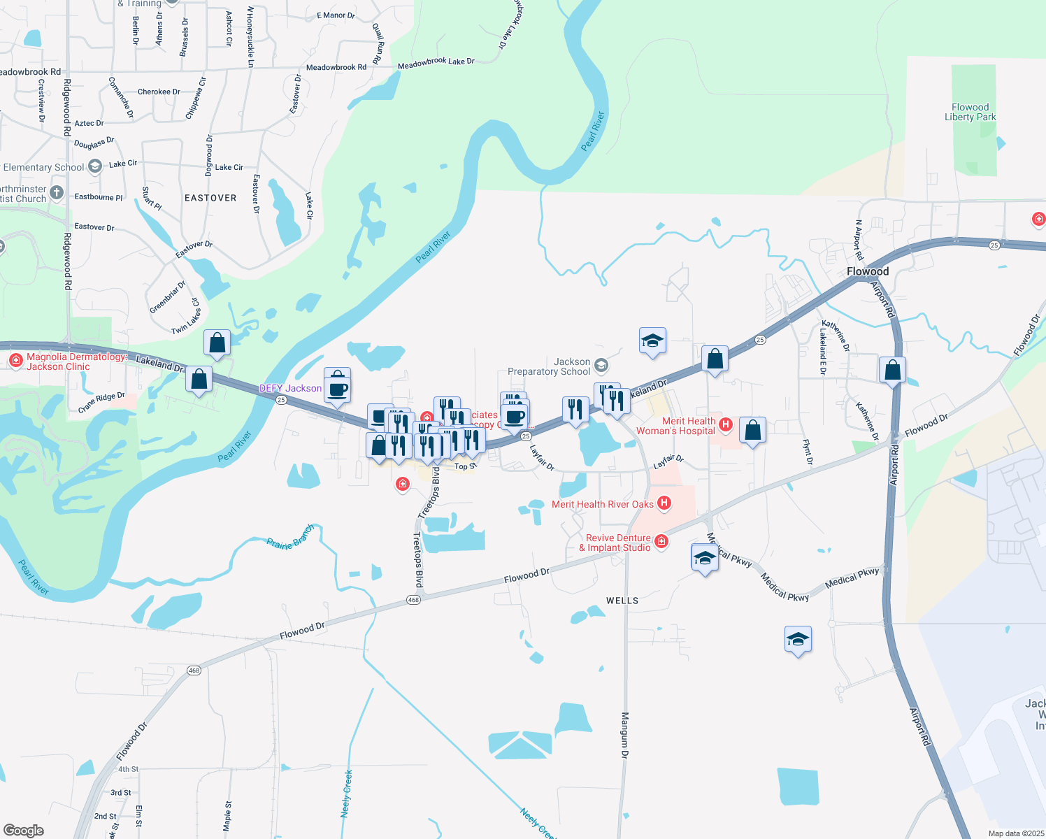 map of restaurants, bars, coffee shops, grocery stores, and more near 2901 North Layfair Drive in Flowood