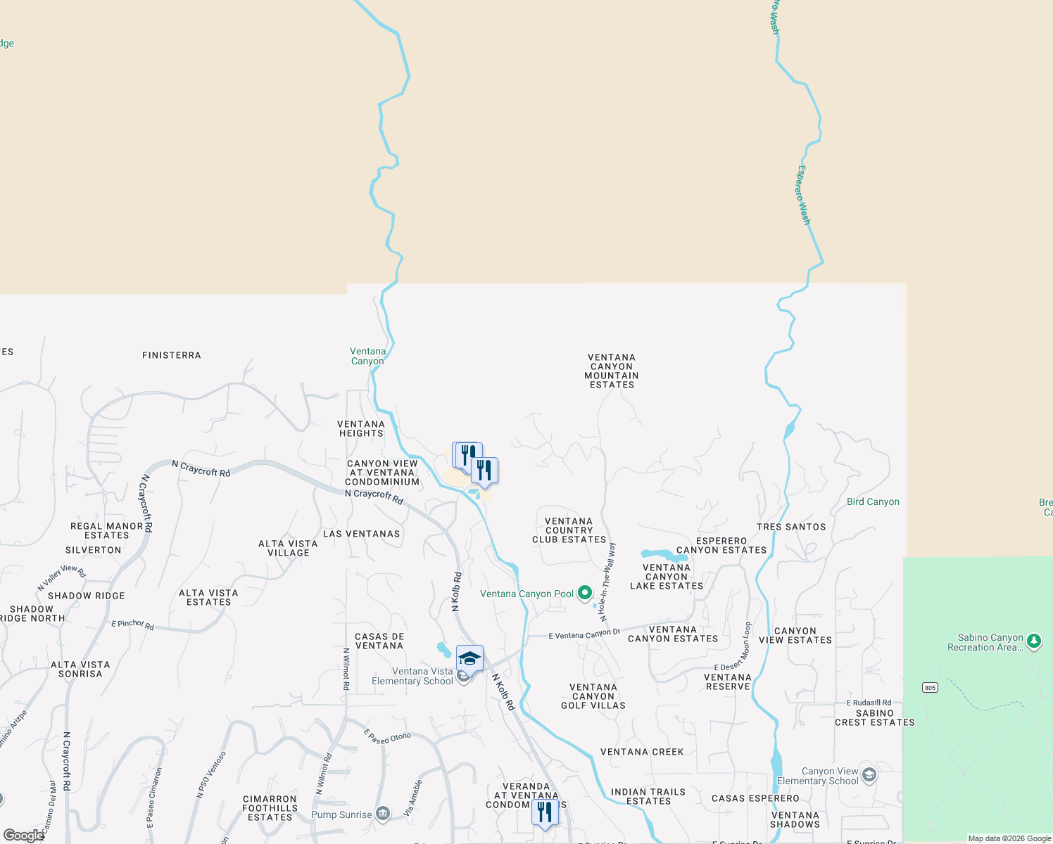 map of restaurants, bars, coffee shops, grocery stores, and more near 6830 North Hole-In-The-Wall Way in Tucson