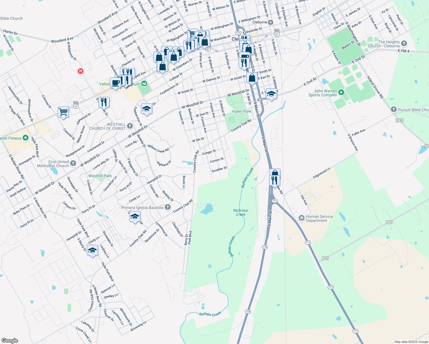 map of restaurants, bars, coffee shops, grocery stores, and more near 605 Scudder Street in Cleburne