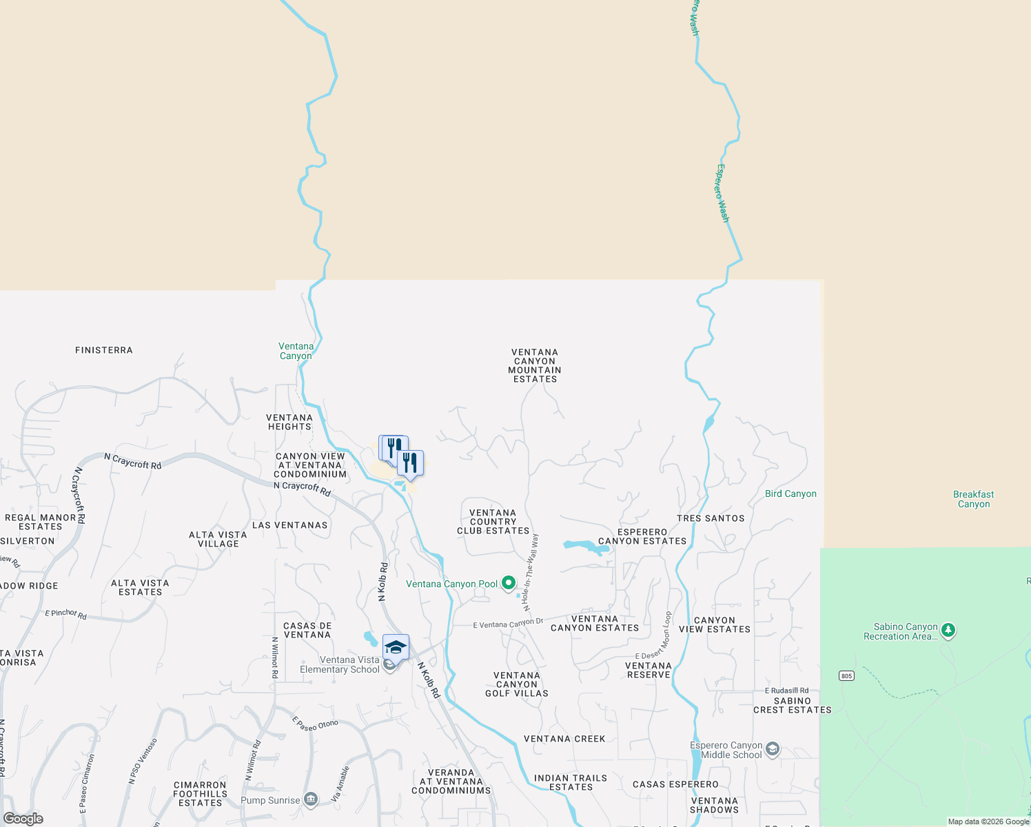 map of restaurants, bars, coffee shops, grocery stores, and more near 7098 North Eagle Point Drive in Tucson