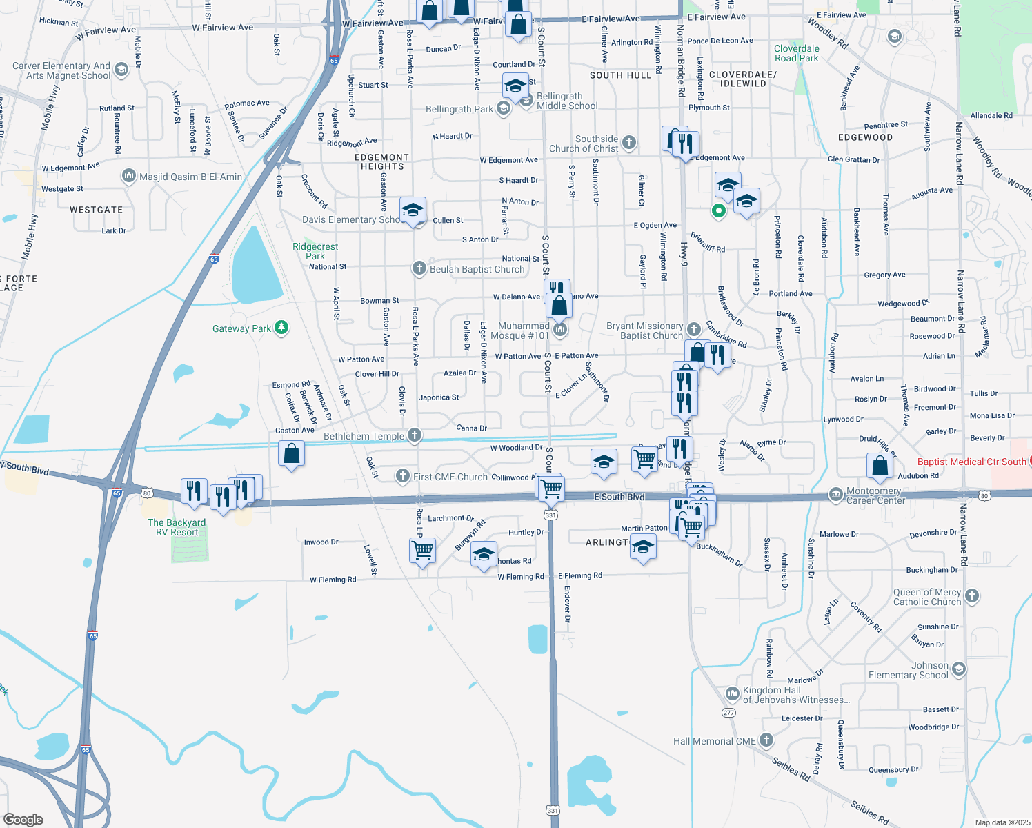 map of restaurants, bars, coffee shops, grocery stores, and more near 52 Southmont Drive in Montgomery