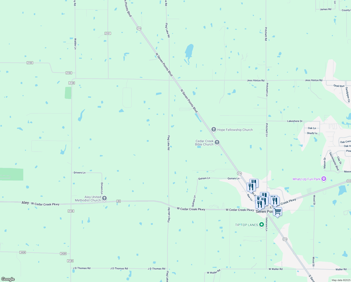 map of restaurants, bars, coffee shops, grocery stores, and more near 729 County Road 2404 in Seven Points