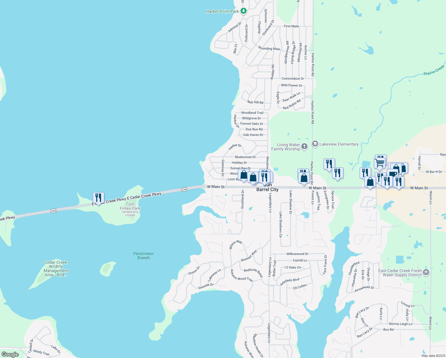 map of restaurants, bars, coffee shops, grocery stores, and more near 172 Loon Bay Drive in Gun Barrel City