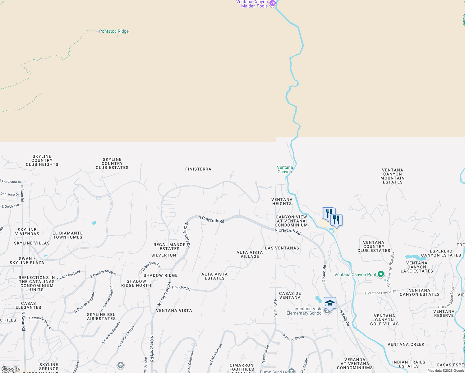 map of restaurants, bars, coffee shops, grocery stores, and more near 6031 East Finisterra in Tucson