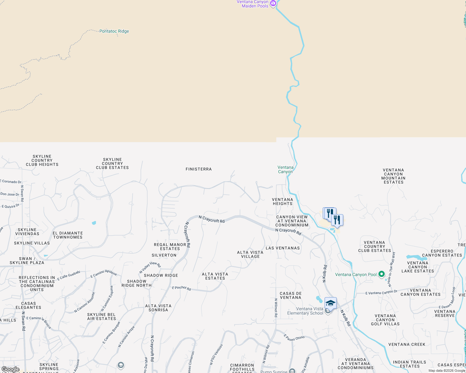 map of restaurants, bars, coffee shops, grocery stores, and more near 6031 East Finisterra in Tucson