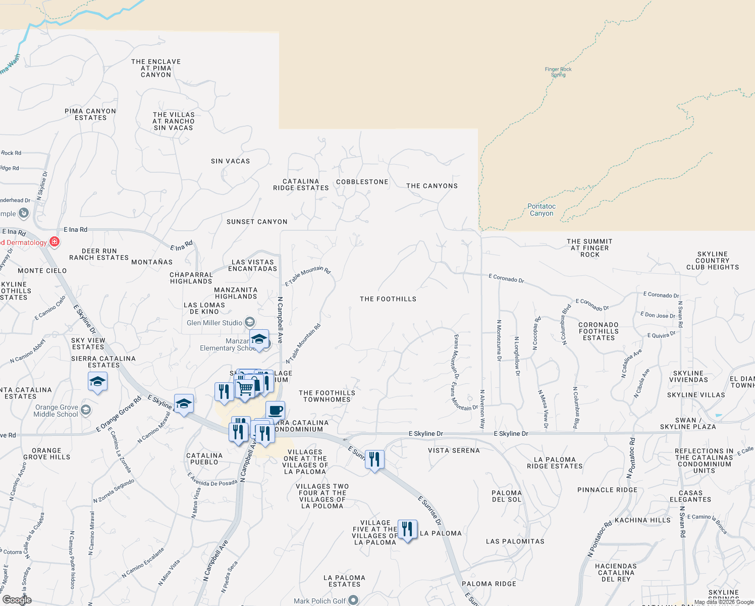 map of restaurants, bars, coffee shops, grocery stores, and more near 3505 East Windy Point Drive in Tucson
