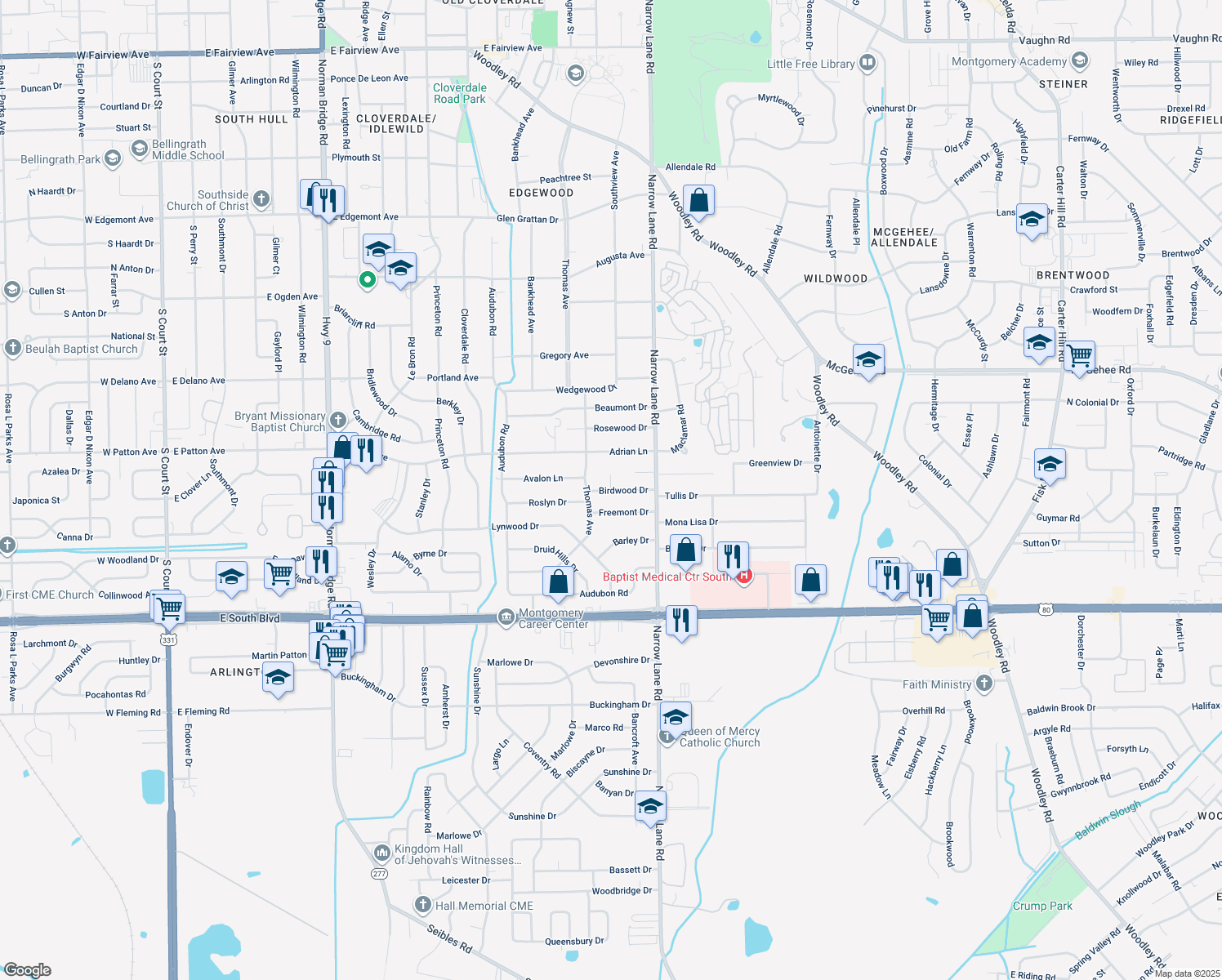 map of restaurants, bars, coffee shops, grocery stores, and more near 1198 Birdwood Ct in Montgomery