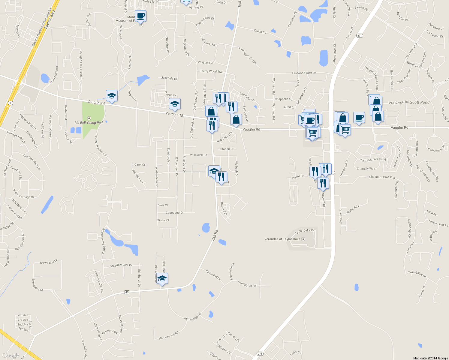 map of restaurants, bars, coffee shops, grocery stores, and more near 6918 Short Line Circle in Montgomery