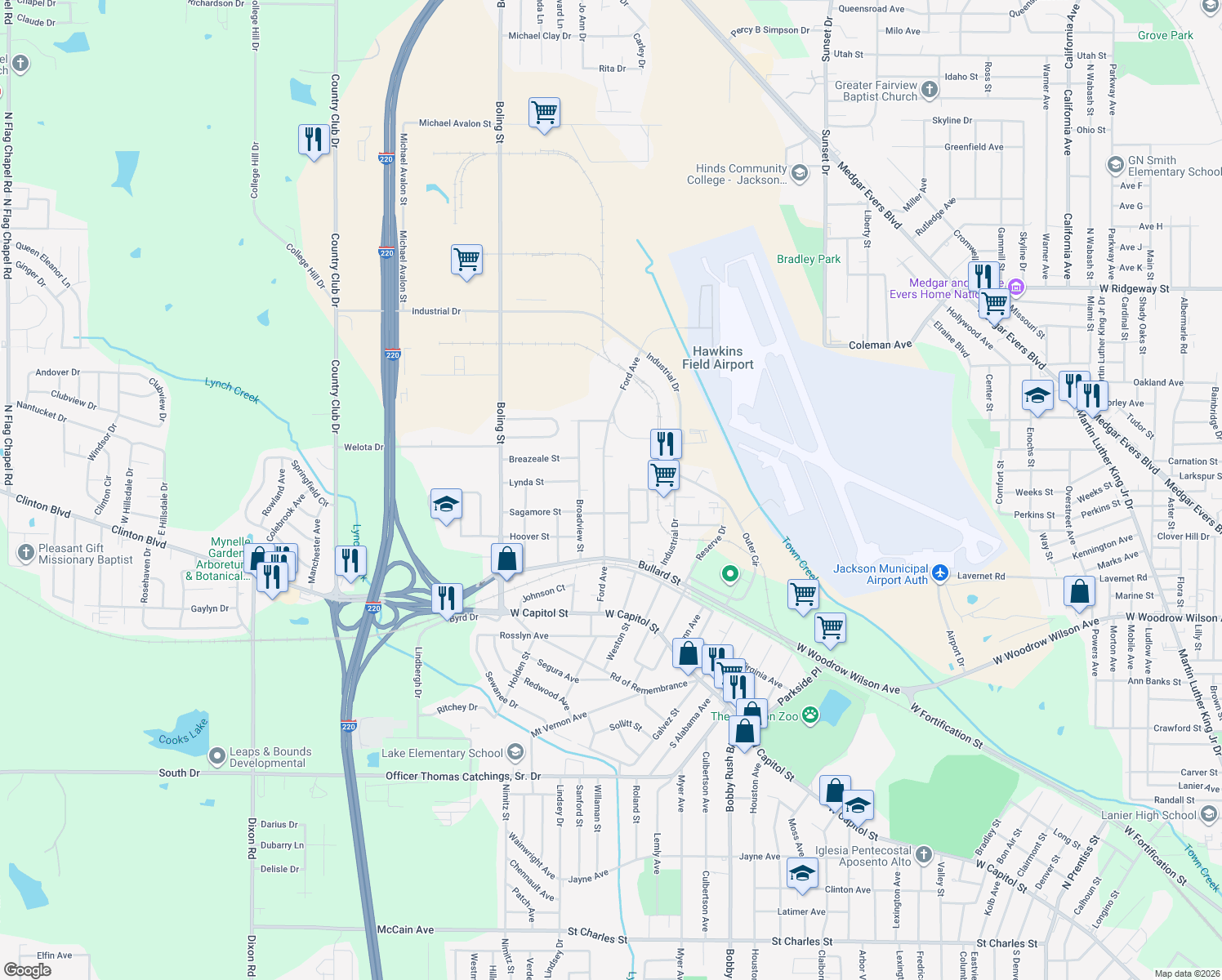 map of restaurants, bars, coffee shops, grocery stores, and more near 332 Ford Ave in Jackson