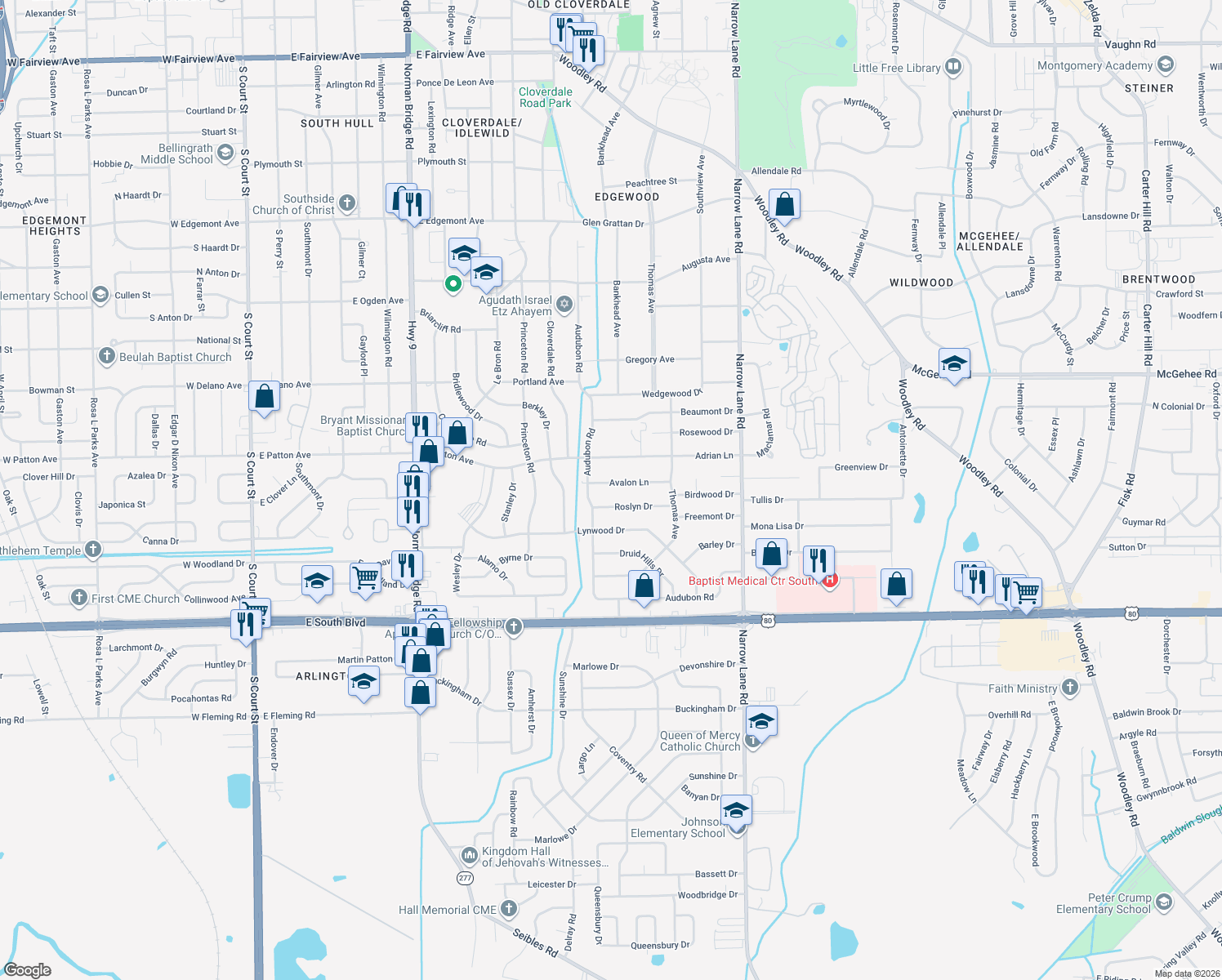map of restaurants, bars, coffee shops, grocery stores, and more near 1324 Avalon Ln in Montgomery