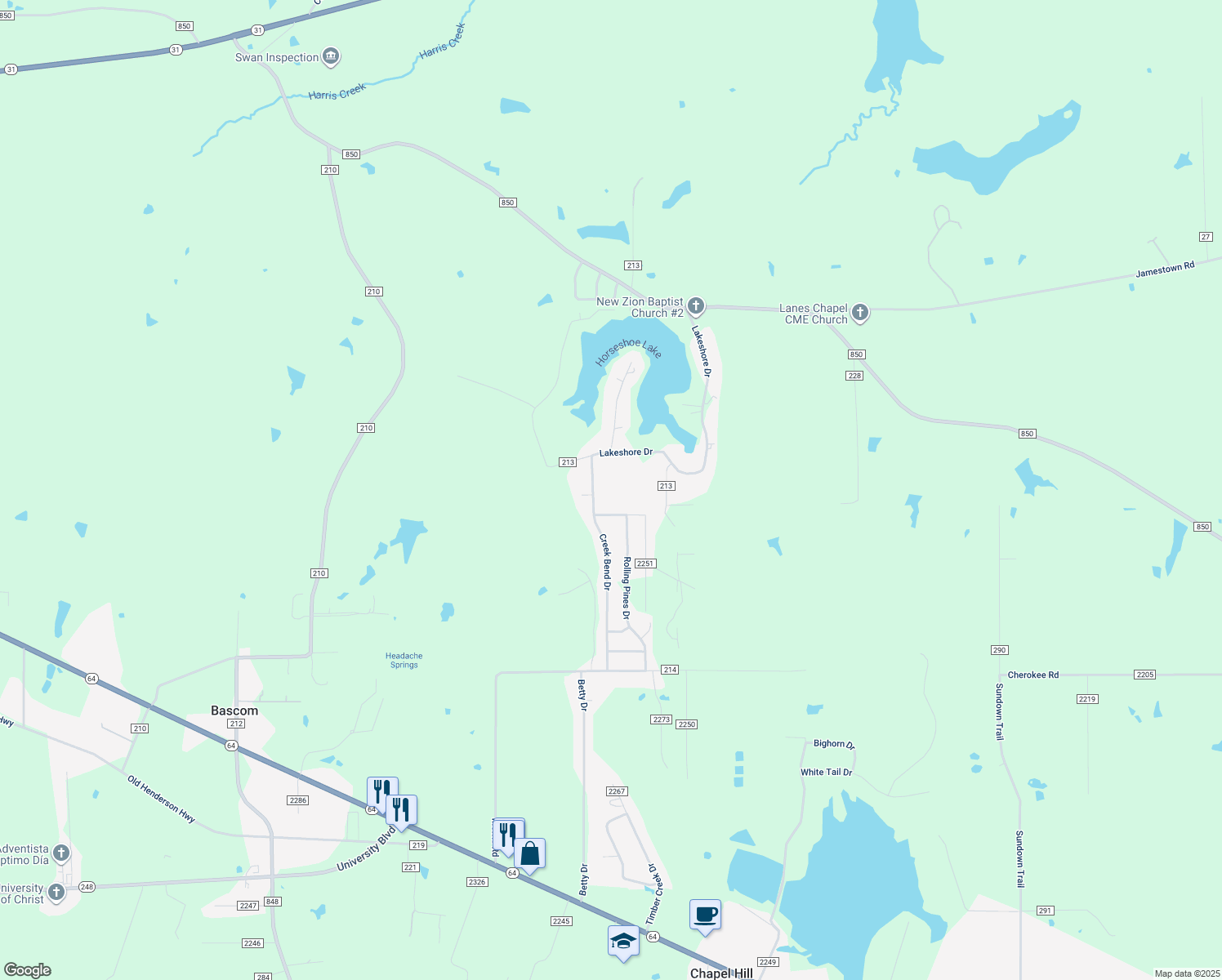 map of restaurants, bars, coffee shops, grocery stores, and more near 10123 Lakeshore Dr in Tyler