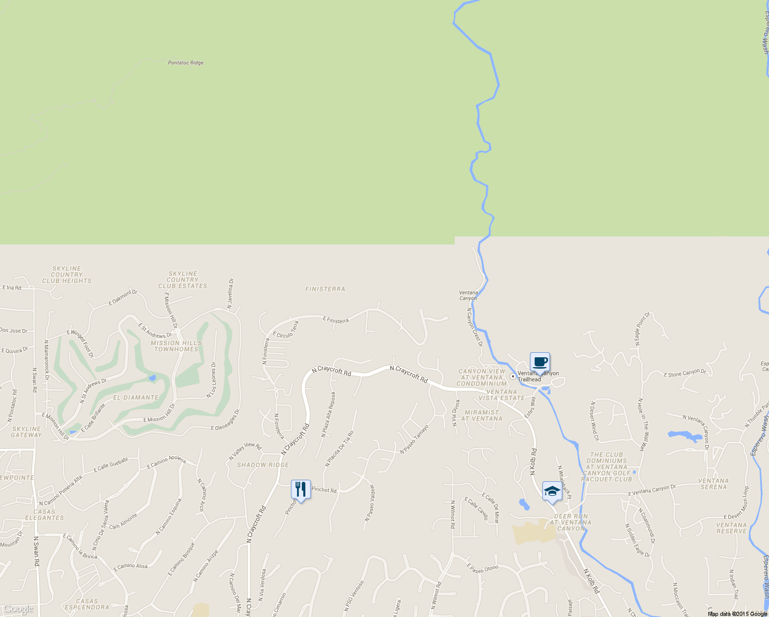 map of restaurants, bars, coffee shops, grocery stores, and more near 6031 East Finisterra in Tucson