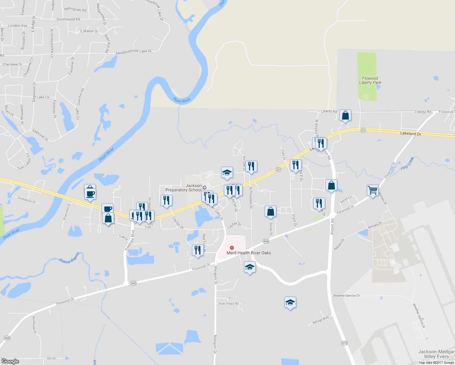 map of restaurants, bars, coffee shops, grocery stores, and more near 3100 Lakeland Drive in Flowood