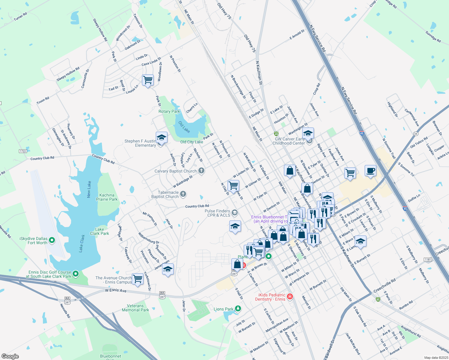 map of restaurants, bars, coffee shops, grocery stores, and more near 608 W Linden St in Ennis
