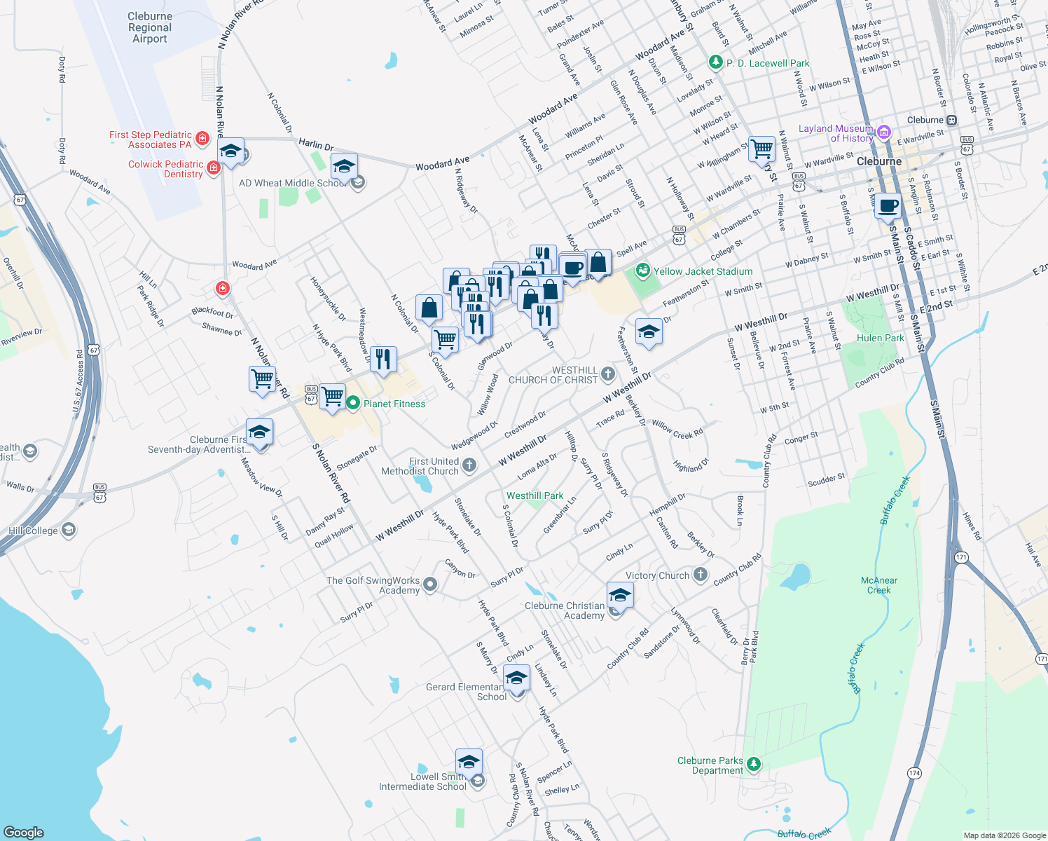 map of restaurants, bars, coffee shops, grocery stores, and more near 1218 Crestwood Drive in Cleburne