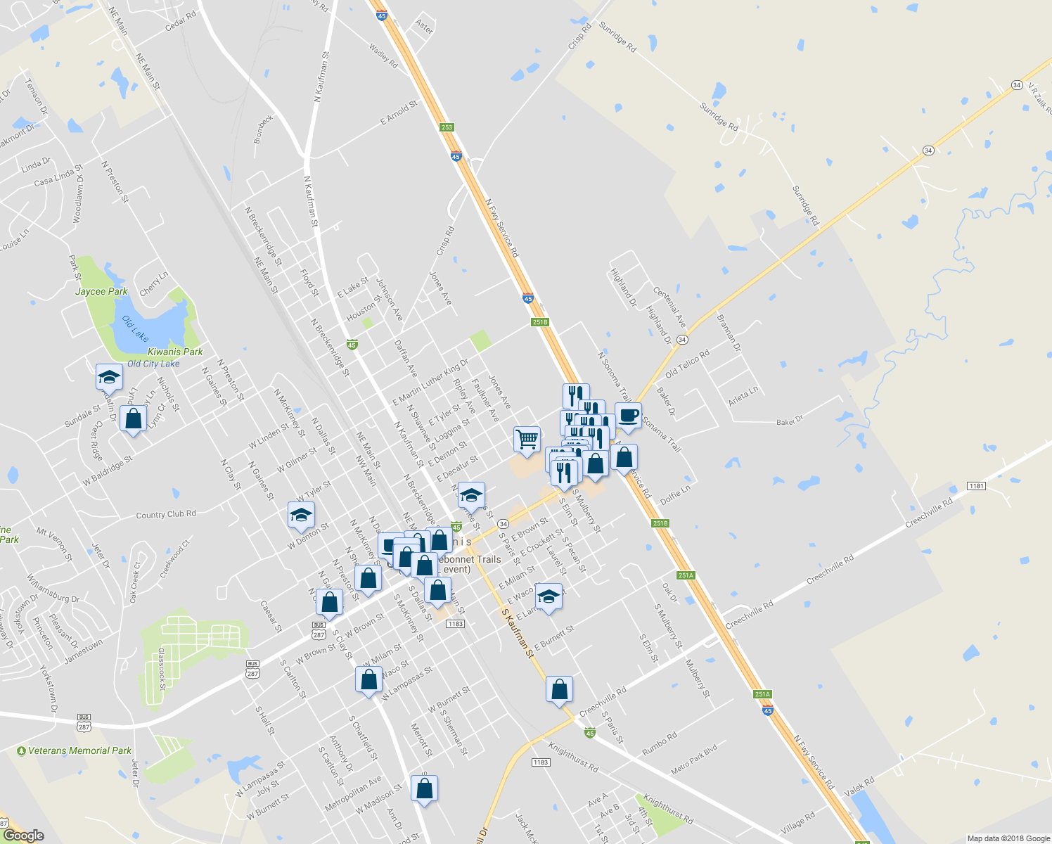 map of restaurants, bars, coffee shops, grocery stores, and more near 902 East Decatur Street in Ennis