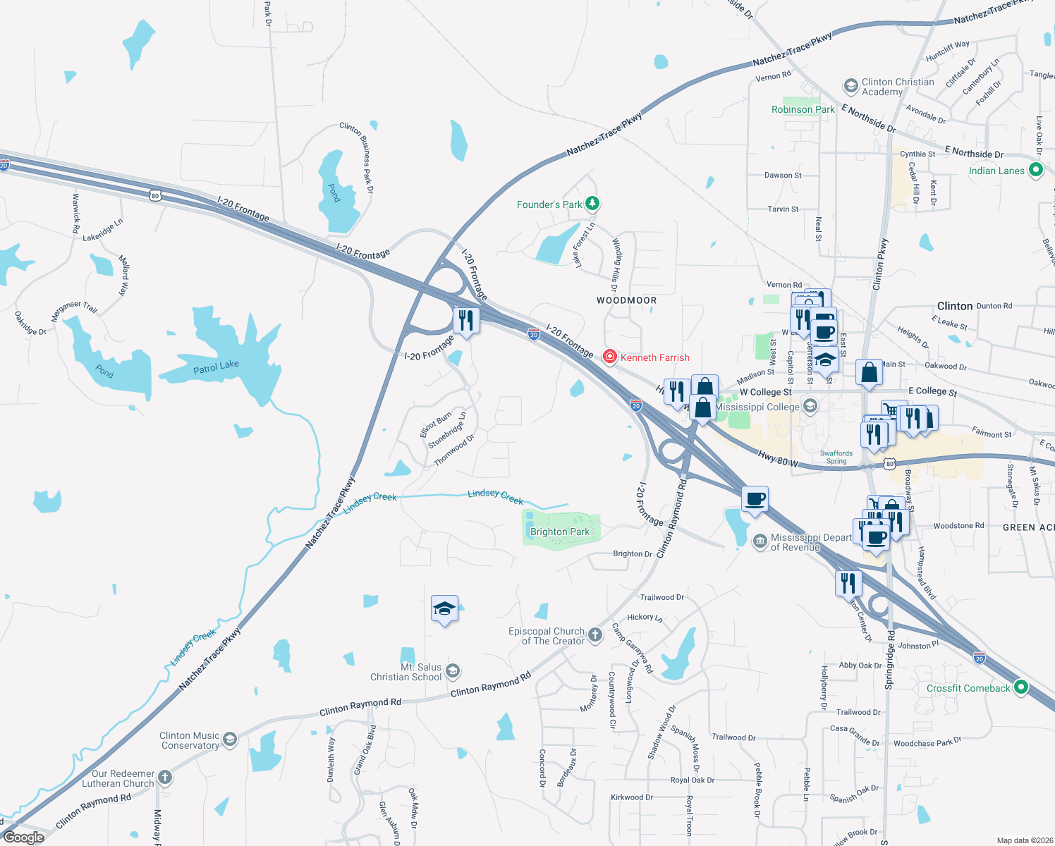 map of restaurants, bars, coffee shops, grocery stores, and more near 117 Baileys Ridge Cir in Clinton