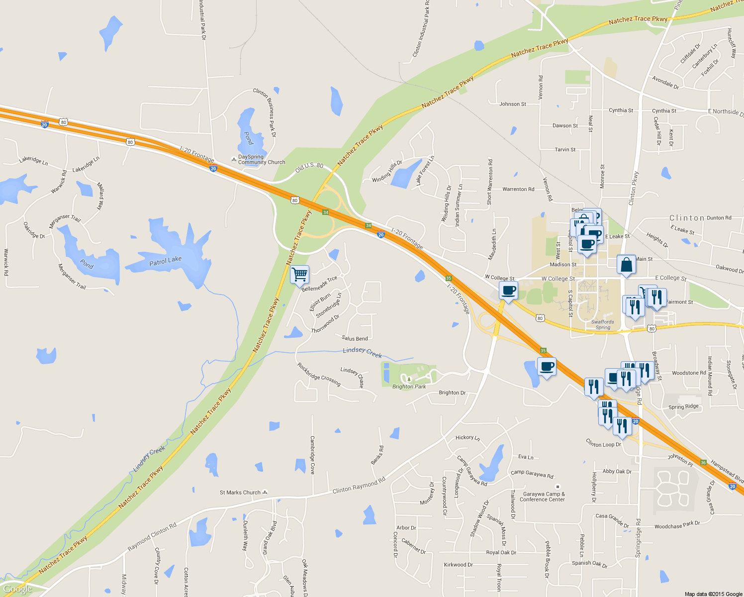 map of restaurants, bars, coffee shops, grocery stores, and more near 104 Baileys Ridge Circle in Clinton