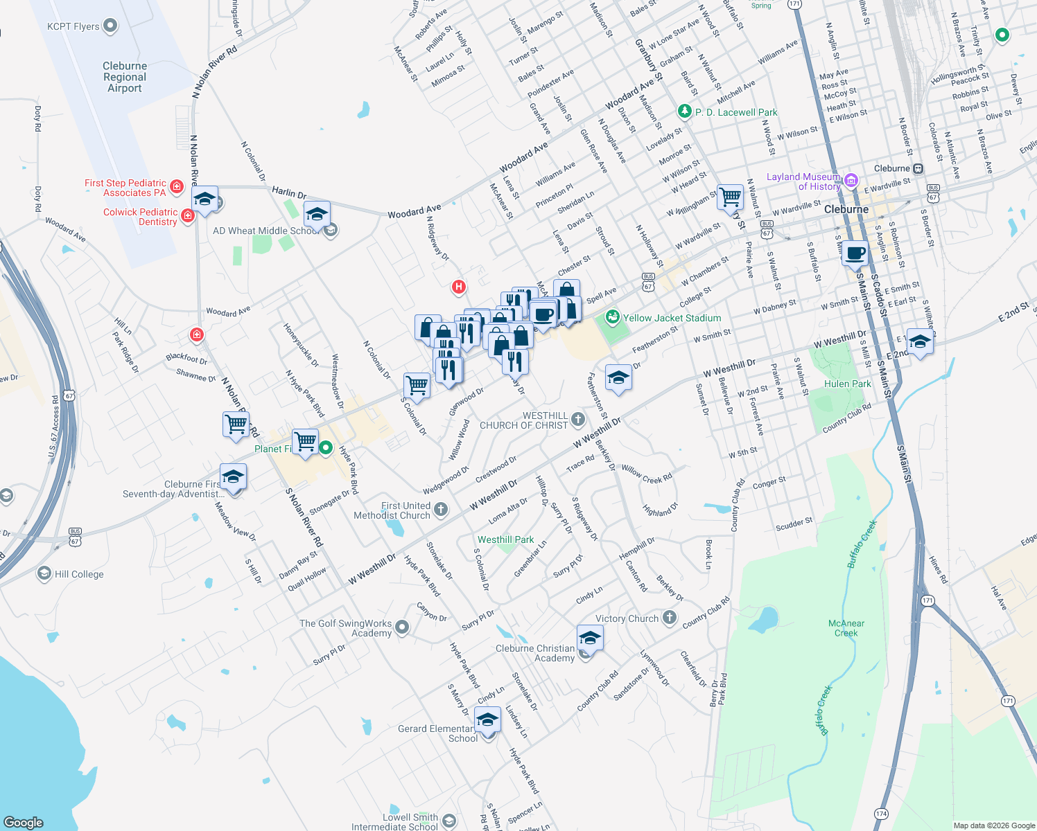 map of restaurants, bars, coffee shops, grocery stores, and more near 1206 Tanglewood Dr in Cleburne