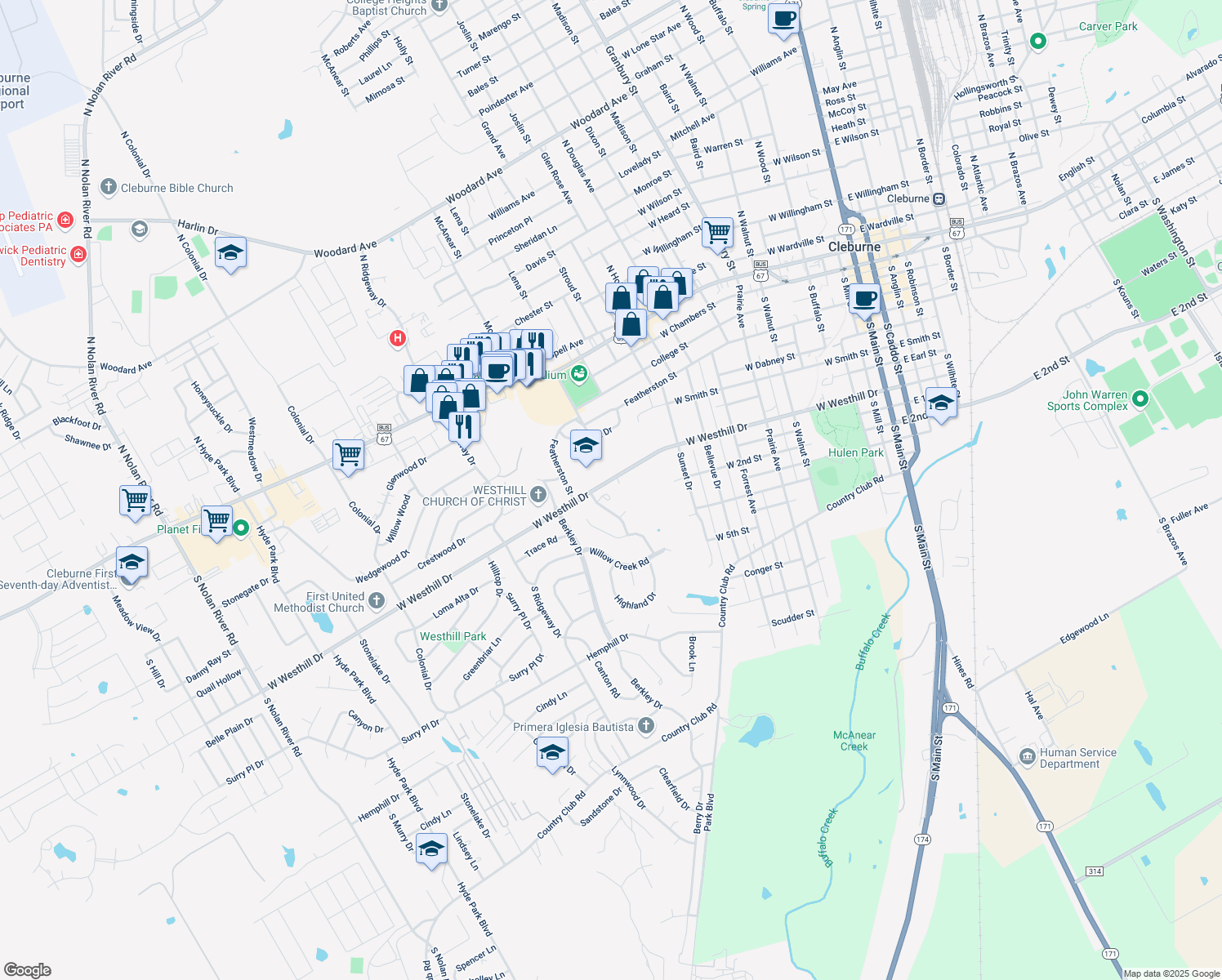 map of restaurants, bars, coffee shops, grocery stores, and more near 917 W Westhill Dr in Cleburne