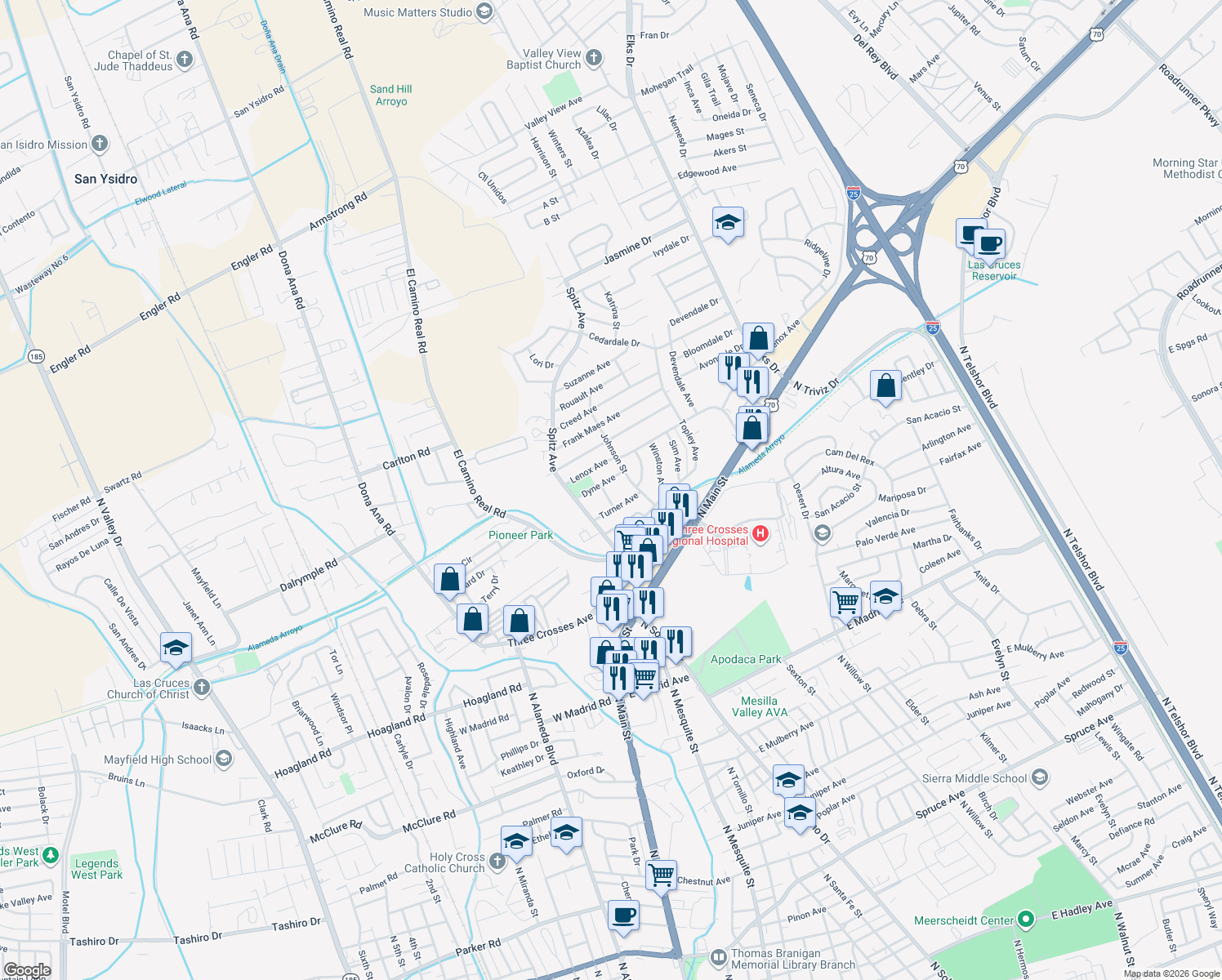 map of restaurants, bars, coffee shops, grocery stores, and more near 2712 Barry St in Las Cruces