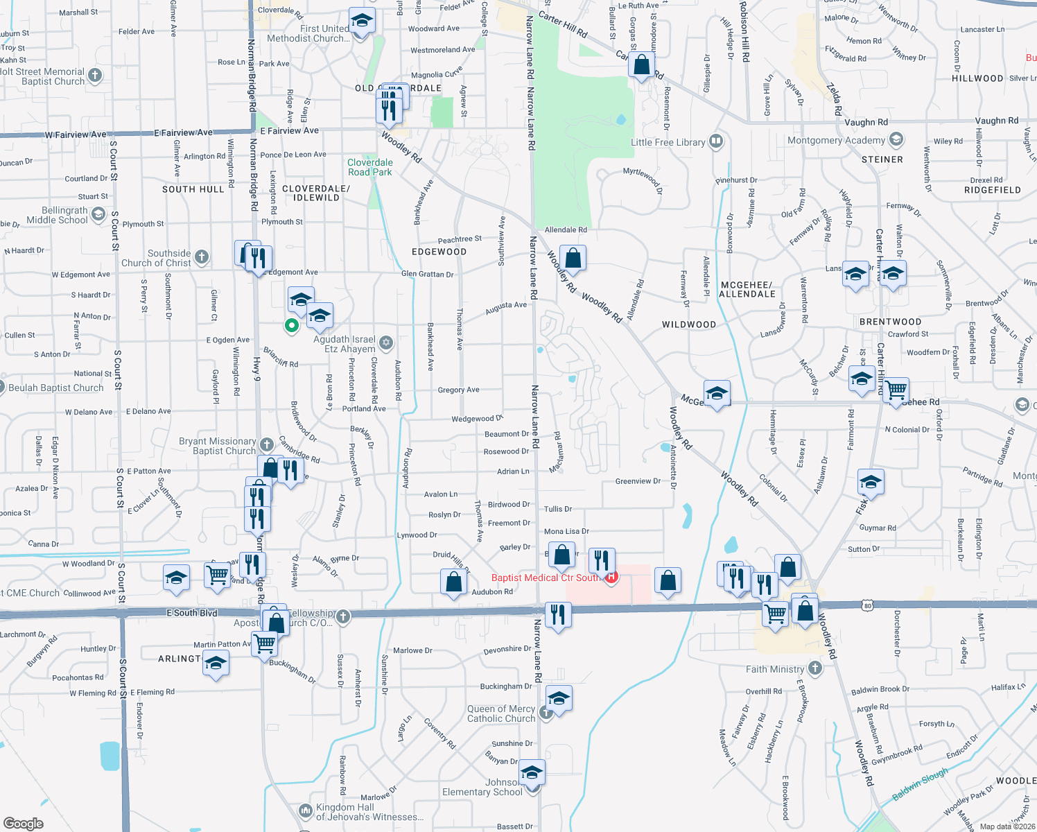 map of restaurants, bars, coffee shops, grocery stores, and more near 1452 Wedgewood Drive in Montgomery