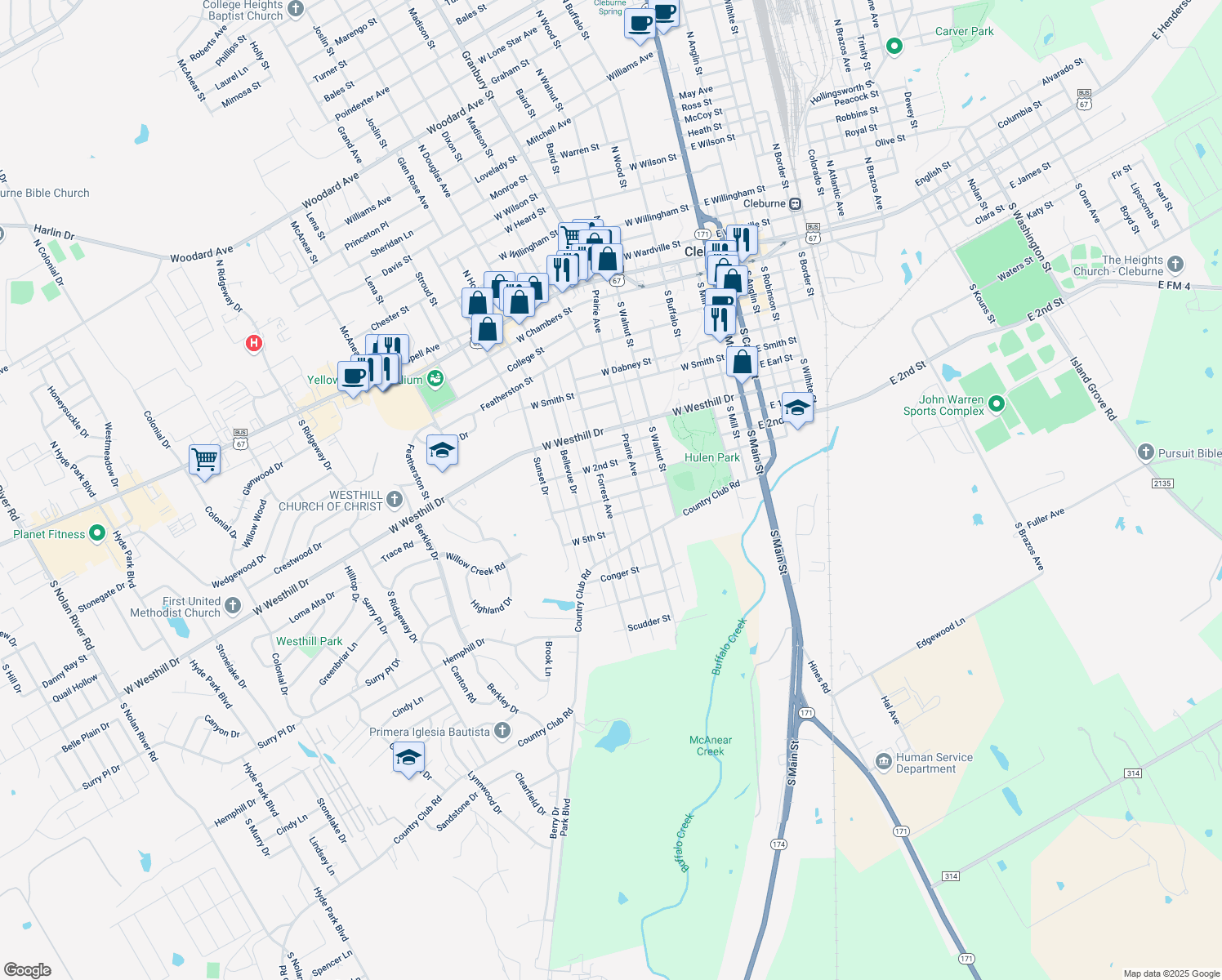map of restaurants, bars, coffee shops, grocery stores, and more near 711 Forrest Avenue in Cleburne