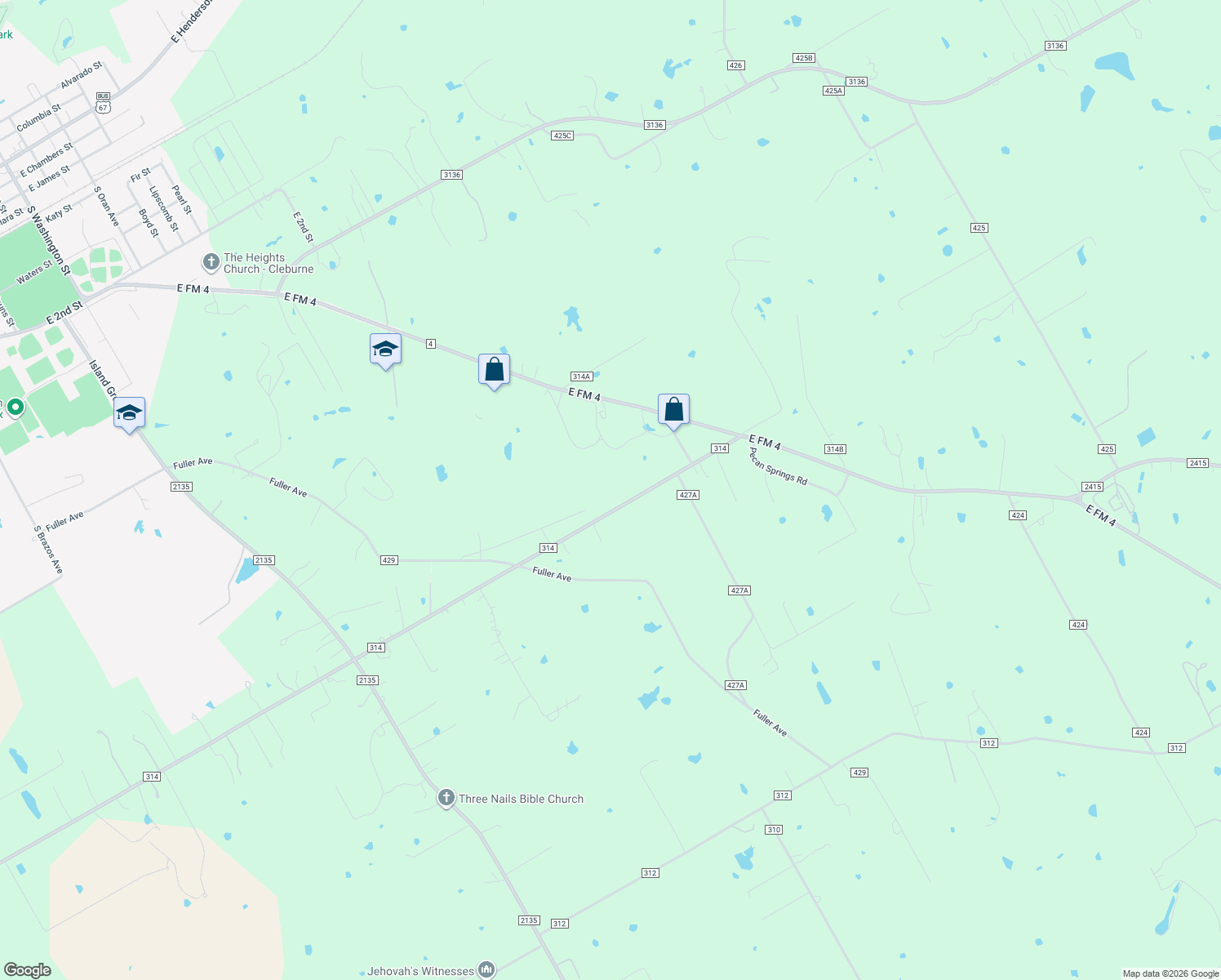 map of restaurants, bars, coffee shops, grocery stores, and more near 2601 County Road 314 in Cleburne