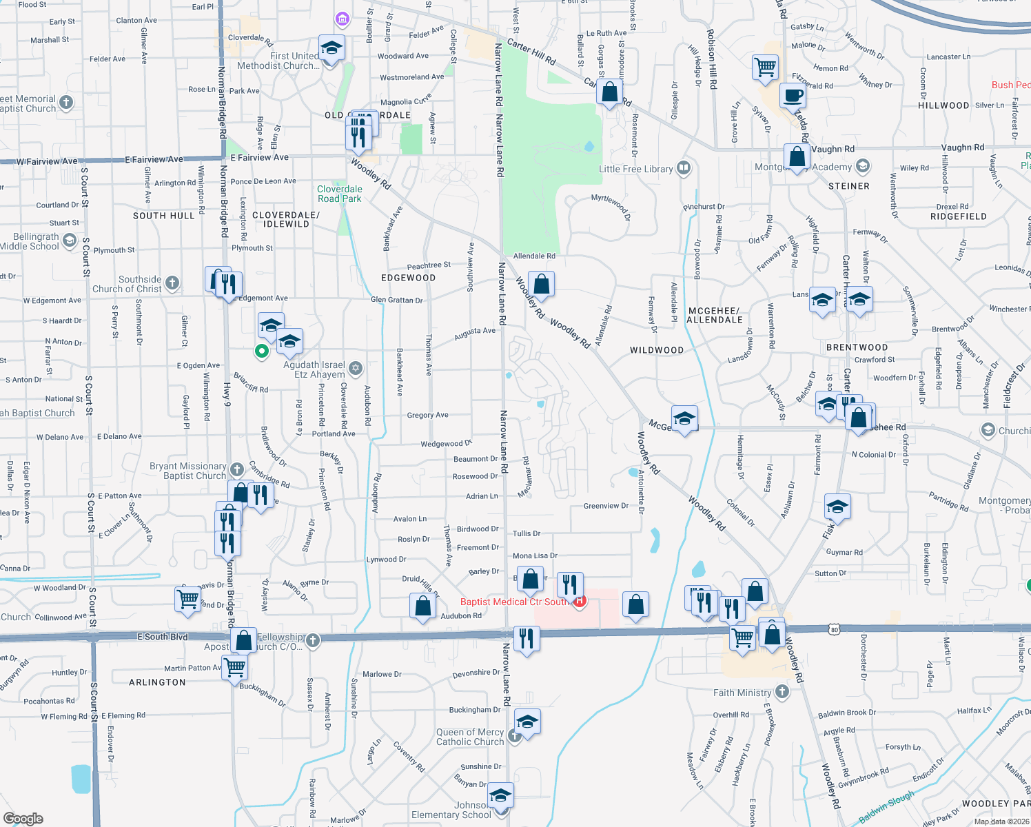 map of restaurants, bars, coffee shops, grocery stores, and more near 3727 Maclamar Road in Montgomery