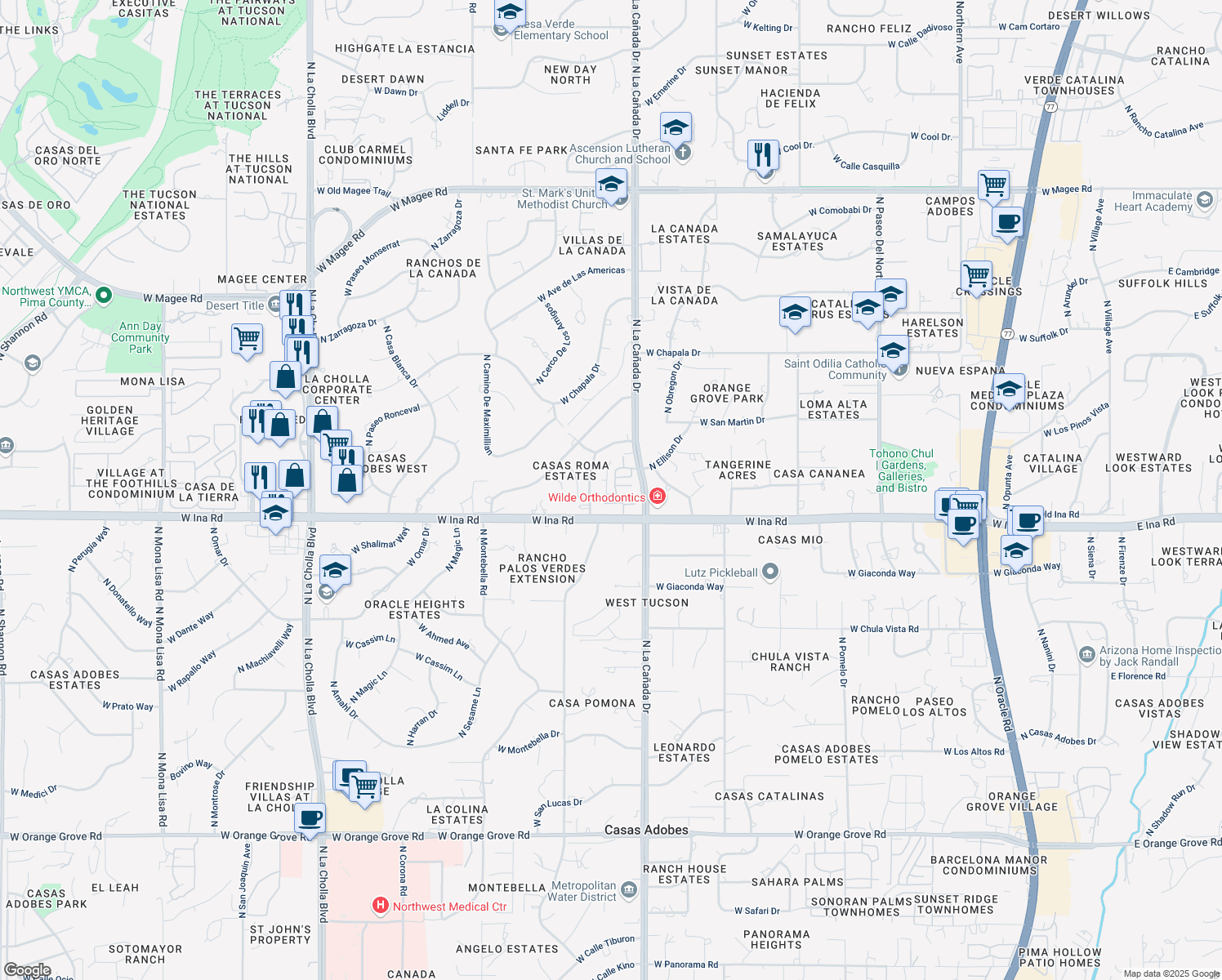 map of restaurants, bars, coffee shops, grocery stores, and more near 7251 North Las Quintas Drive in Tucson