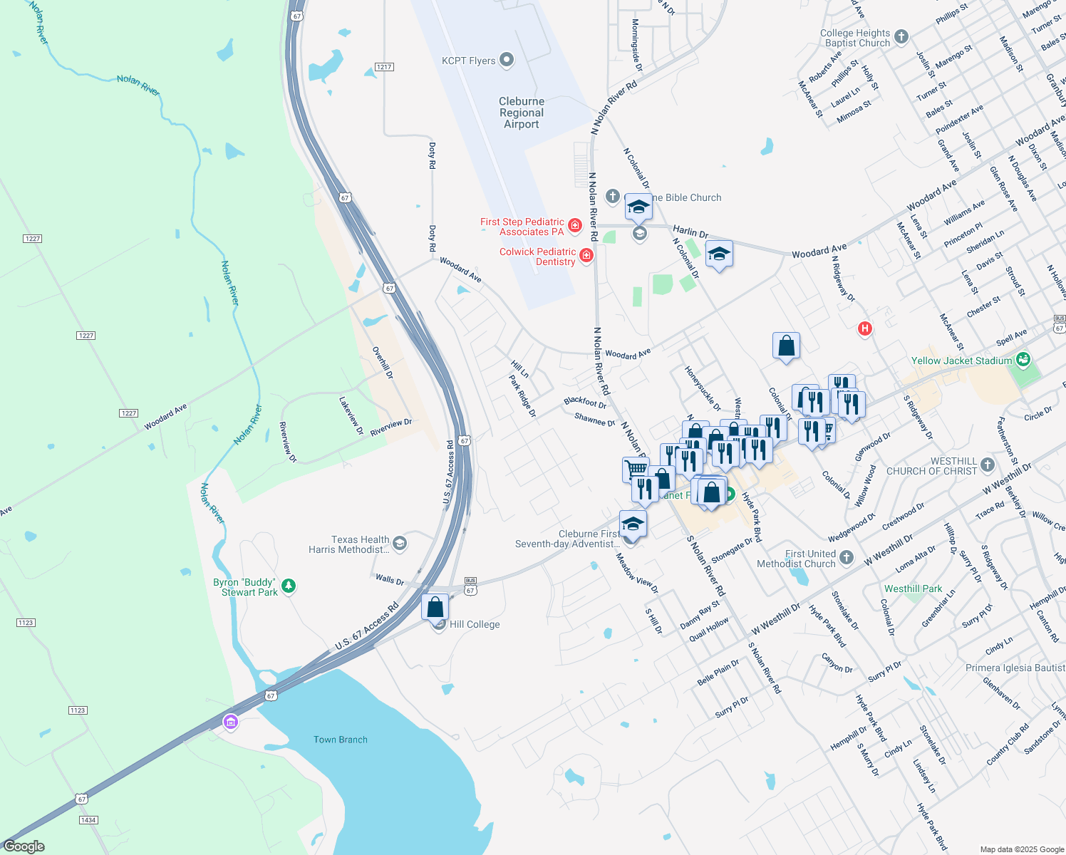 map of restaurants, bars, coffee shops, grocery stores, and more near 1803 Blackfoot Dr in Cleburne