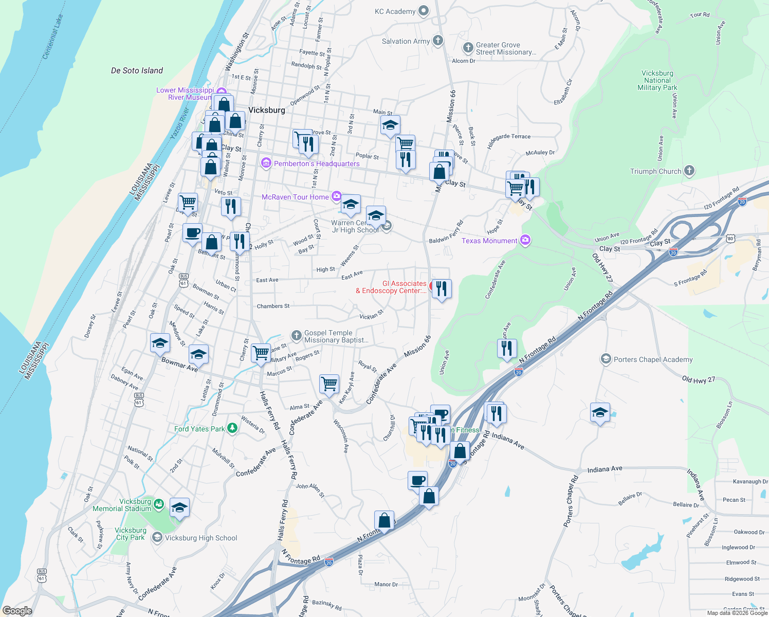 map of restaurants, bars, coffee shops, grocery stores, and more near 1799 Vicklan St in Vicksburg