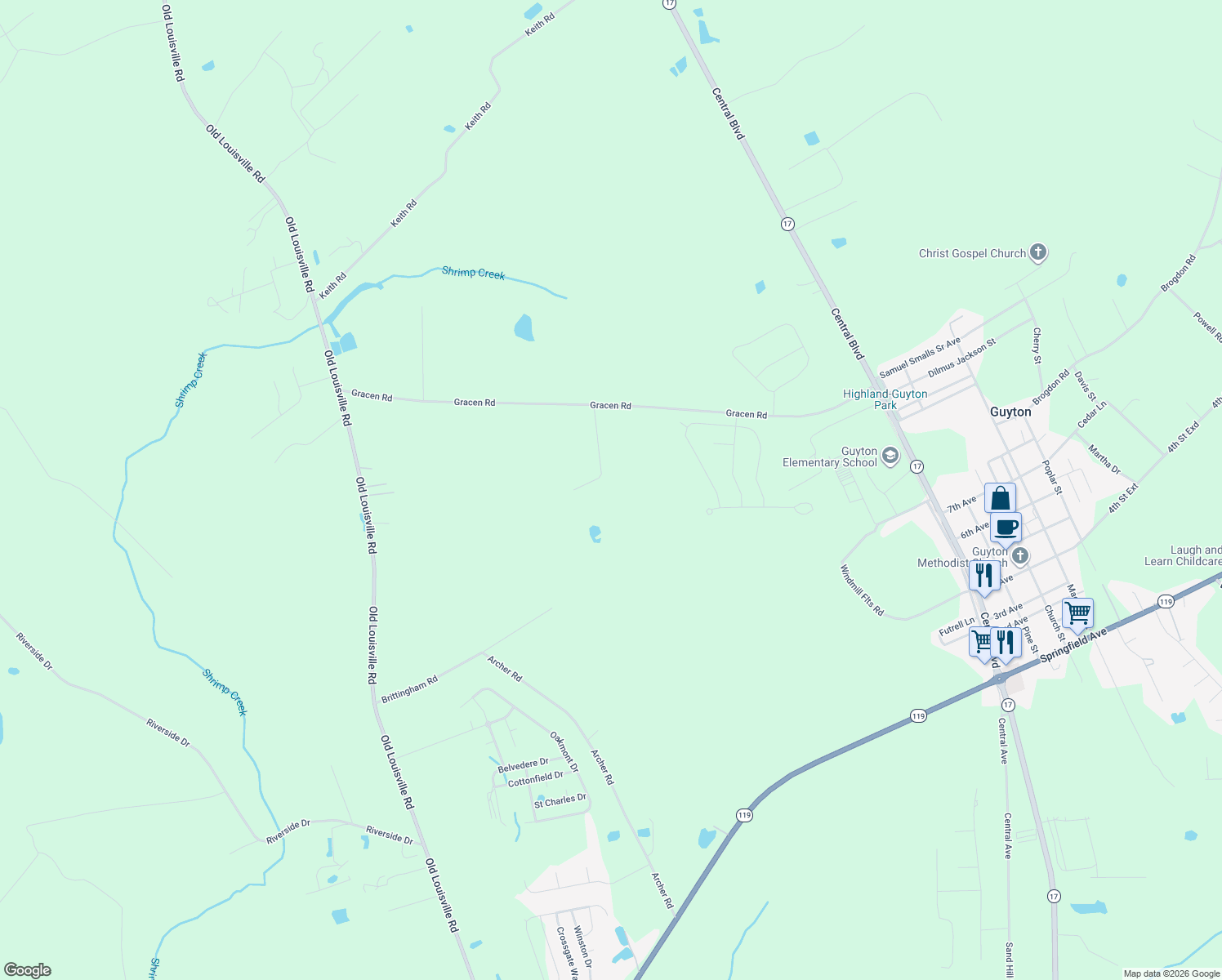 map of restaurants, bars, coffee shops, grocery stores, and more near 895 Gracen Road in Guyton