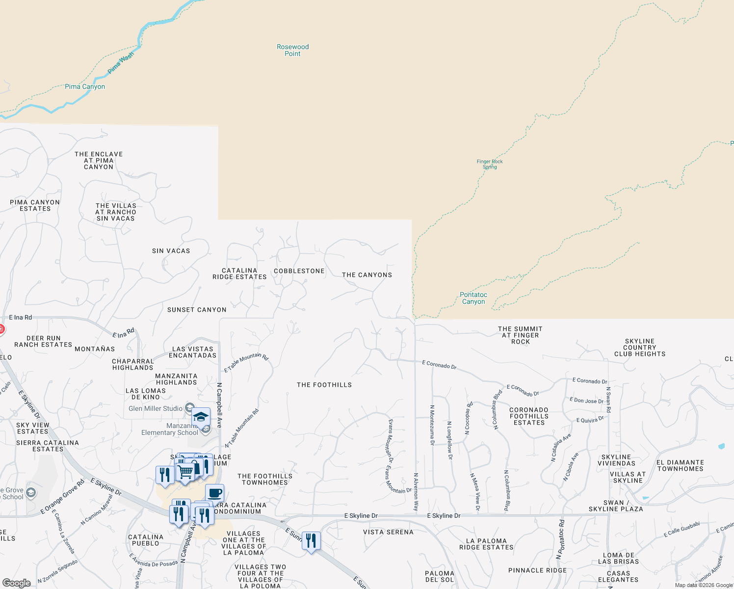 map of restaurants, bars, coffee shops, grocery stores, and more near 7301 North Secret Canyon Drive in Tucson