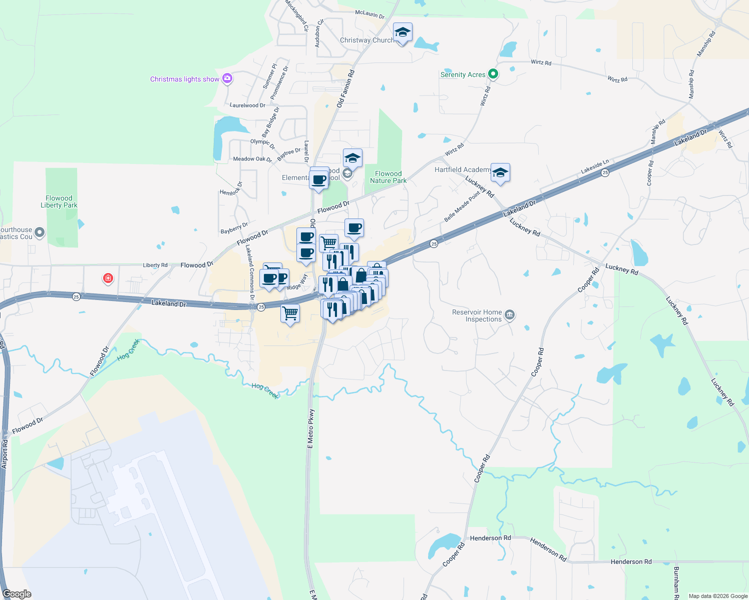 map of restaurants, bars, coffee shops, grocery stores, and more near 100 Dogwood Way in Pearl