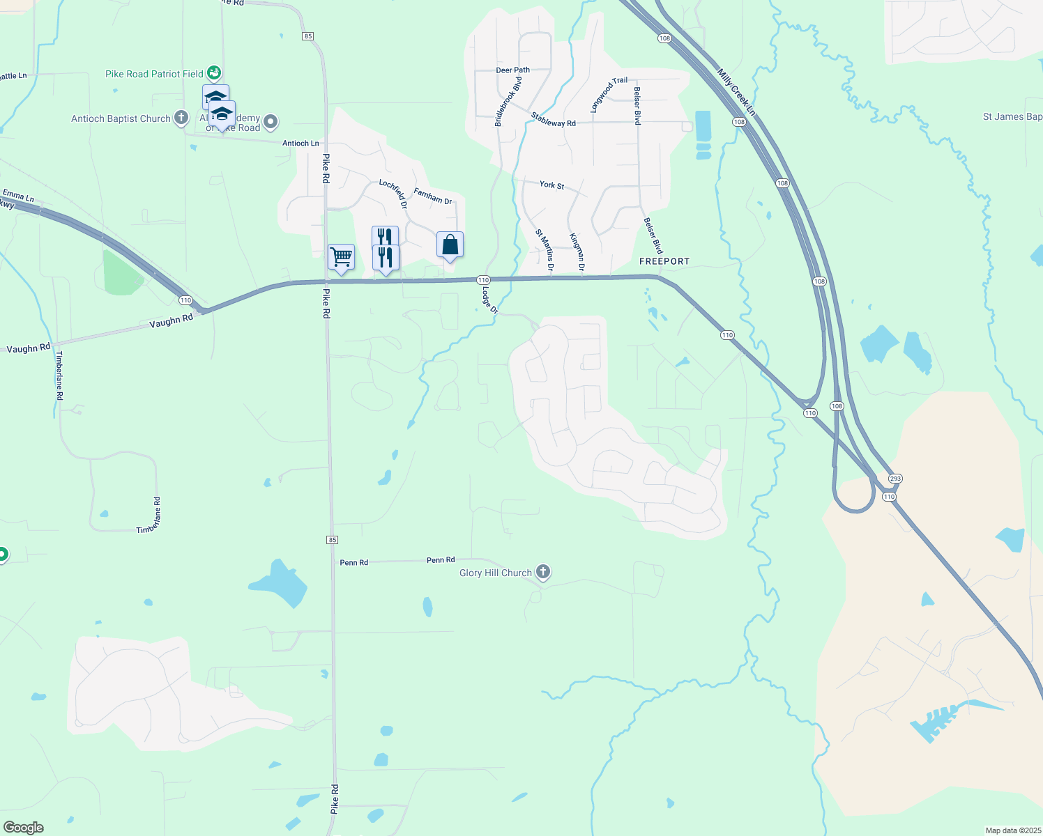 map of restaurants, bars, coffee shops, grocery stores, and more near 9067 Crescent Lodge Drive in Pike Road
