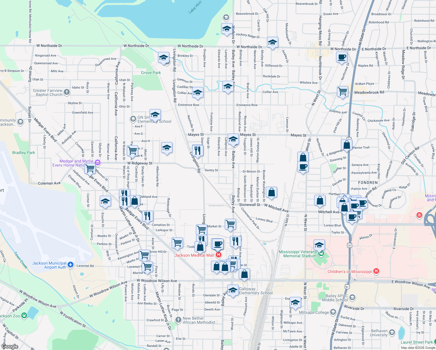 map of restaurants, bars, coffee shops, grocery stores, and more near 1202 Warren St in Jackson