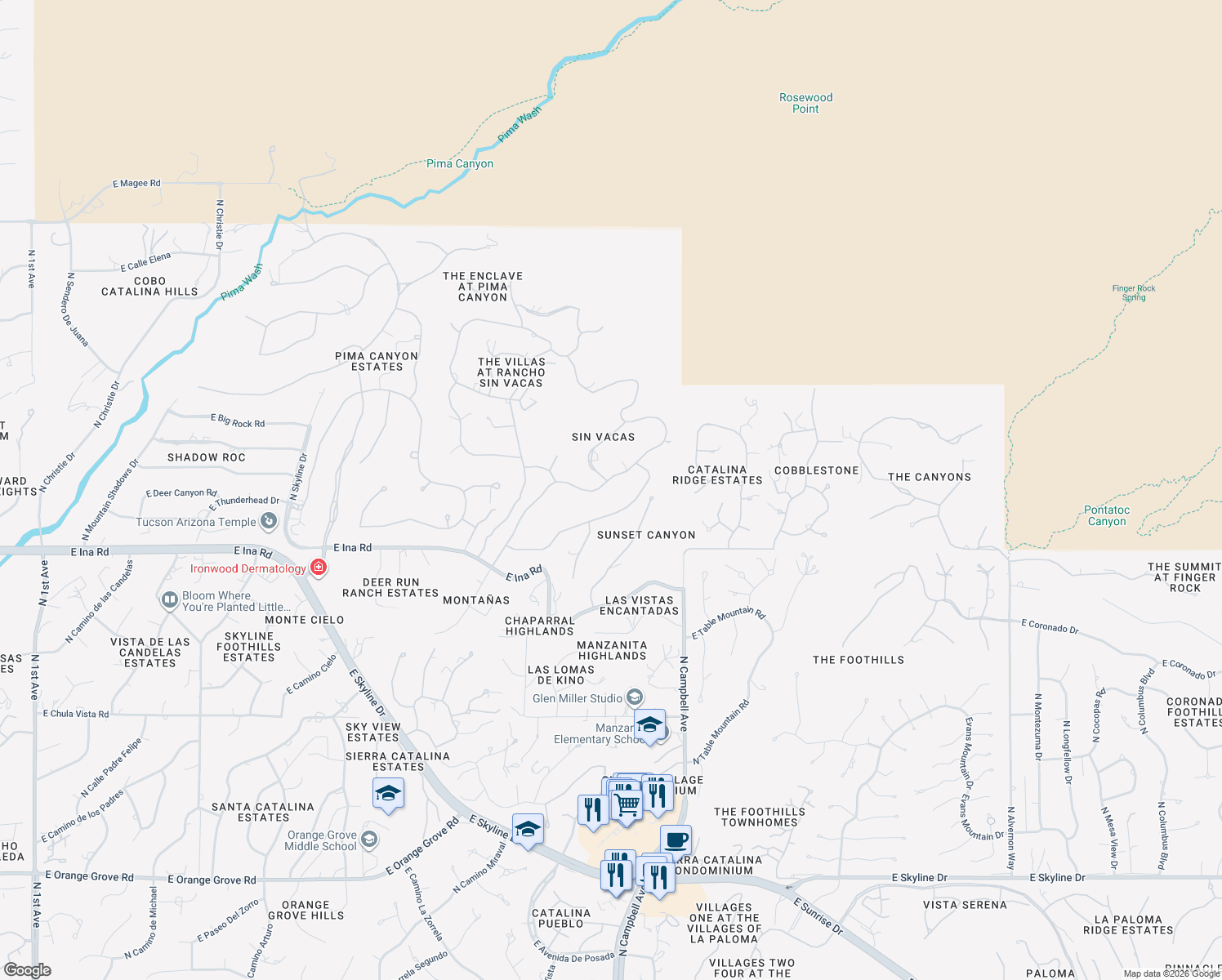 map of restaurants, bars, coffee shops, grocery stores, and more near 7364 North Camino Sin Vacas in Tucson